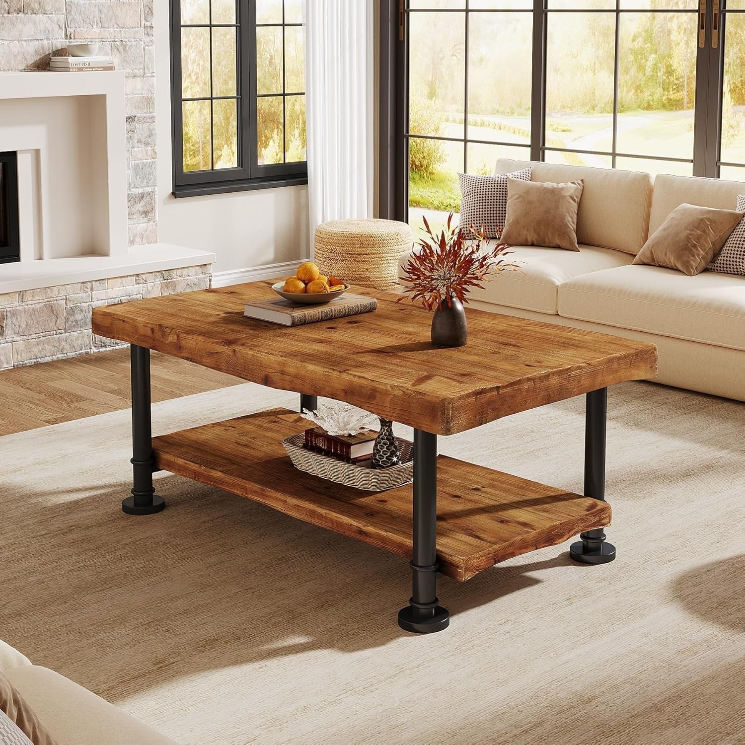 47" Coffee Table, Rectangular Wood Accent Center Table with 2-Tier Shelf - Image 4
