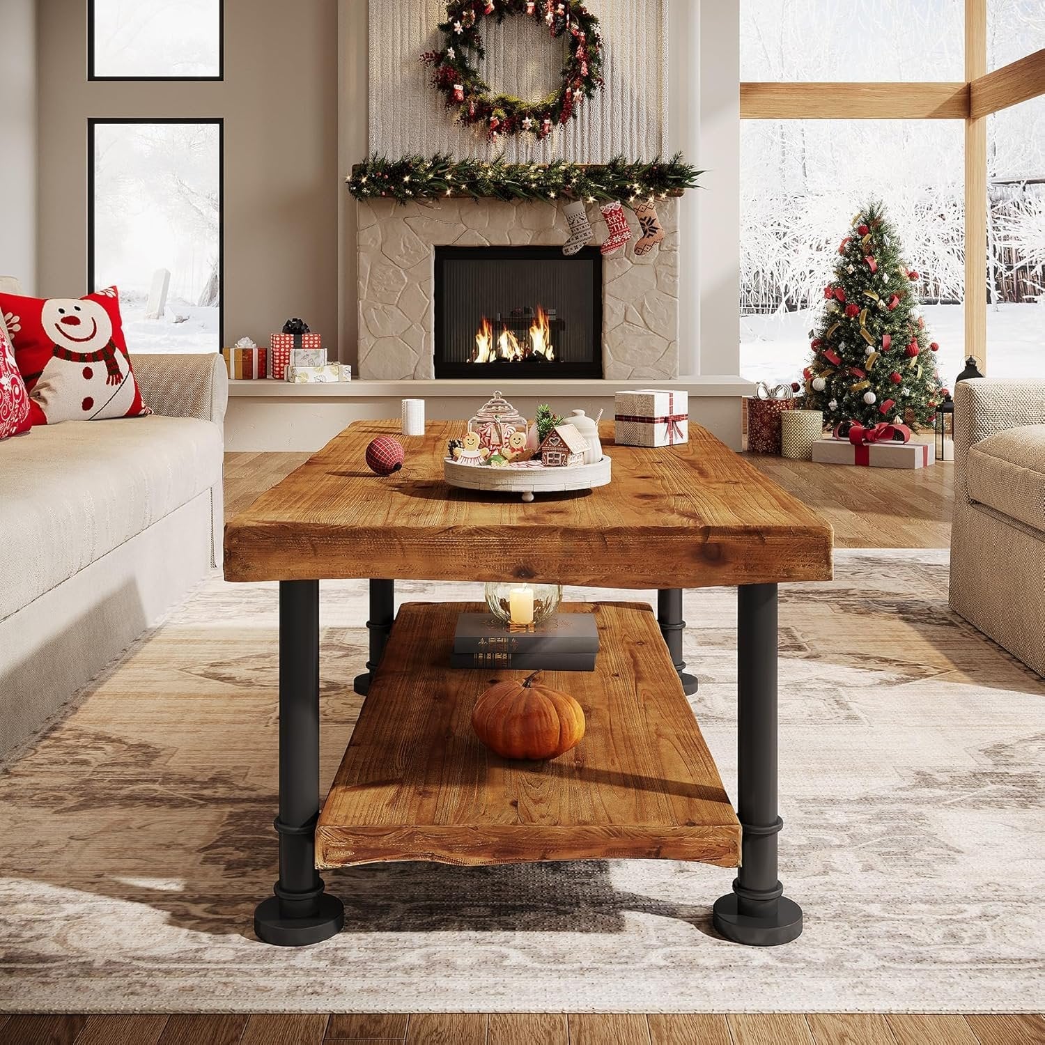 47" Coffee Table, Rectangular Wood Accent Center Table with 2-Tier Shelf - Image 5