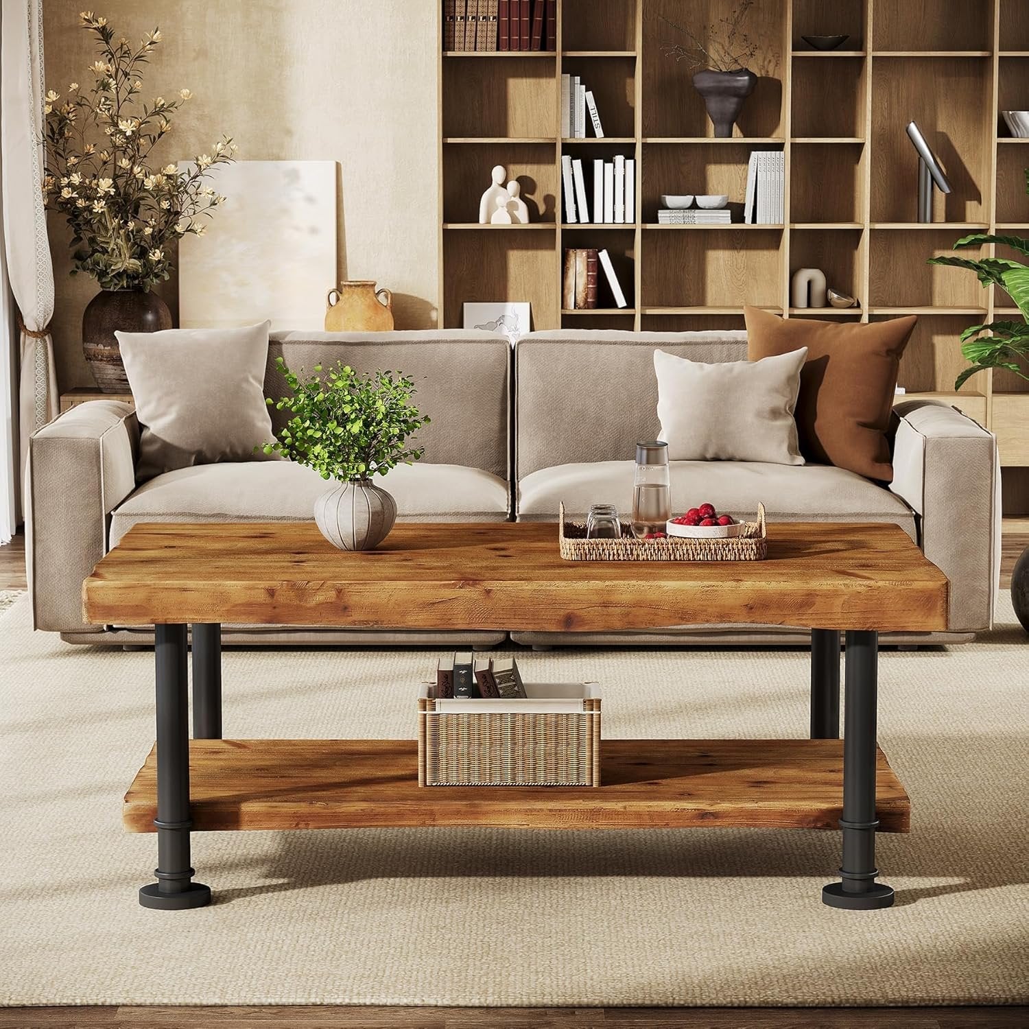 47" Coffee Table, Rectangular Wood Accent Center Table with 2-Tier Shelf - Image 6