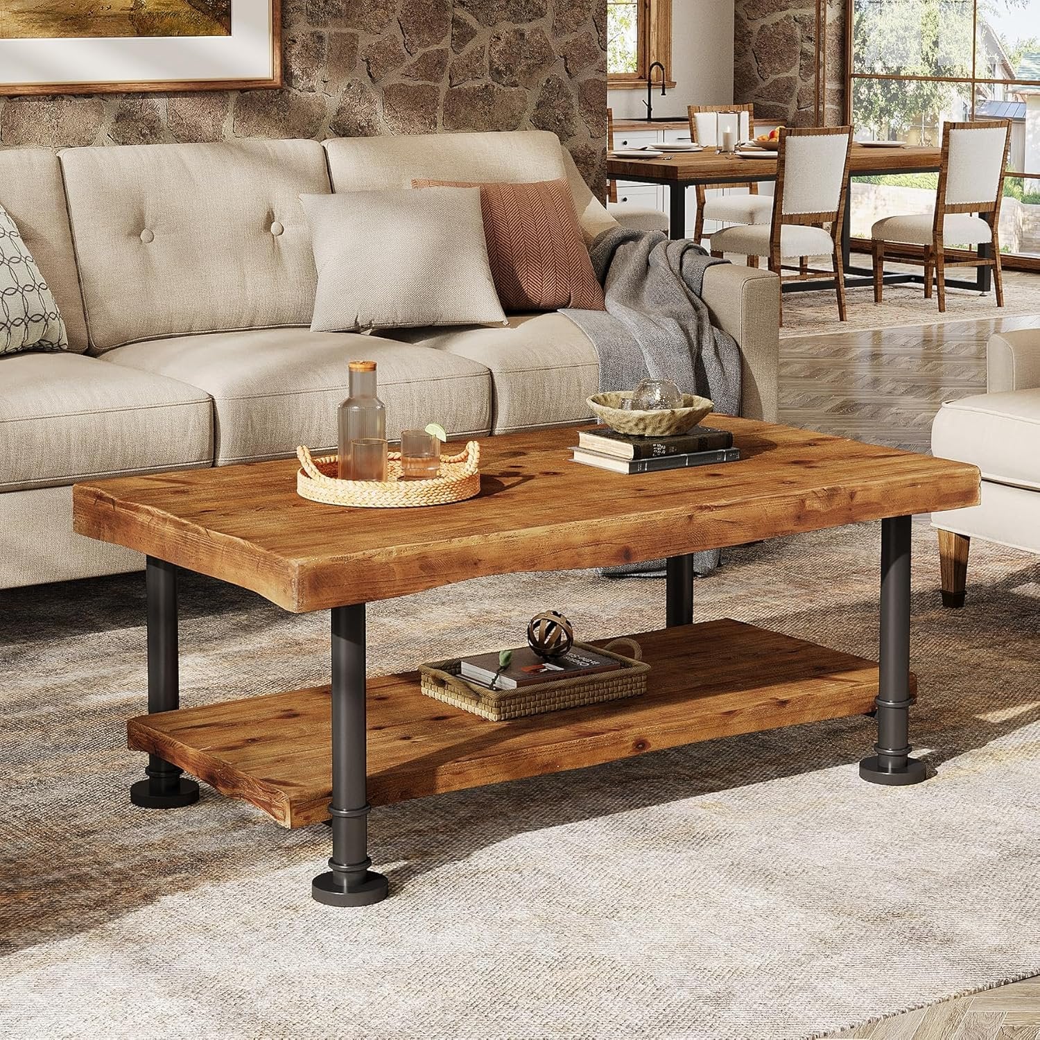 47" Coffee Table, Rectangular Wood Accent Center Table with 2-Tier Shelf - Image 7