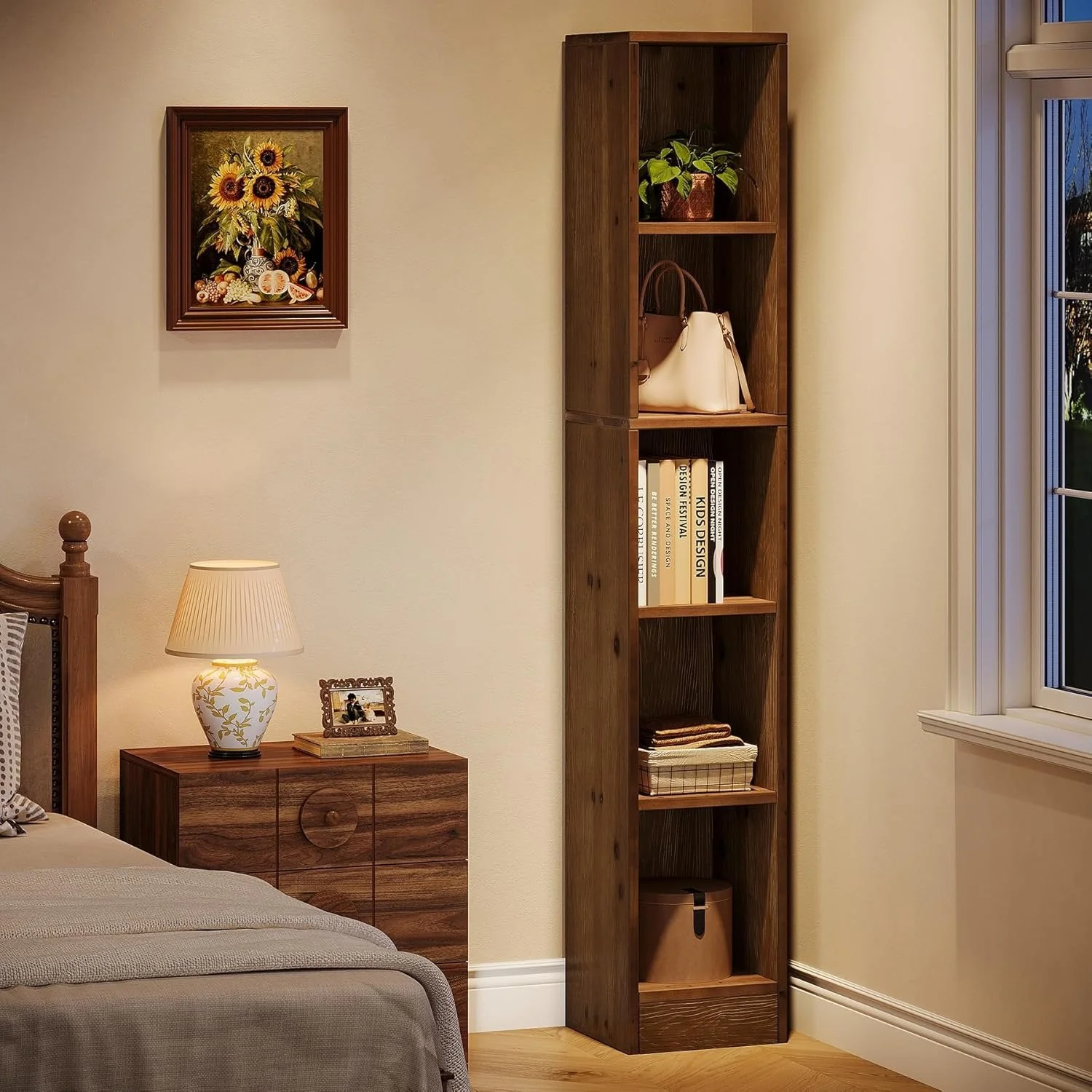 70.9" Tall Bookshelf, 5-Tier Wood Corner Bookcase Display Shelves for Home Office - Image 4