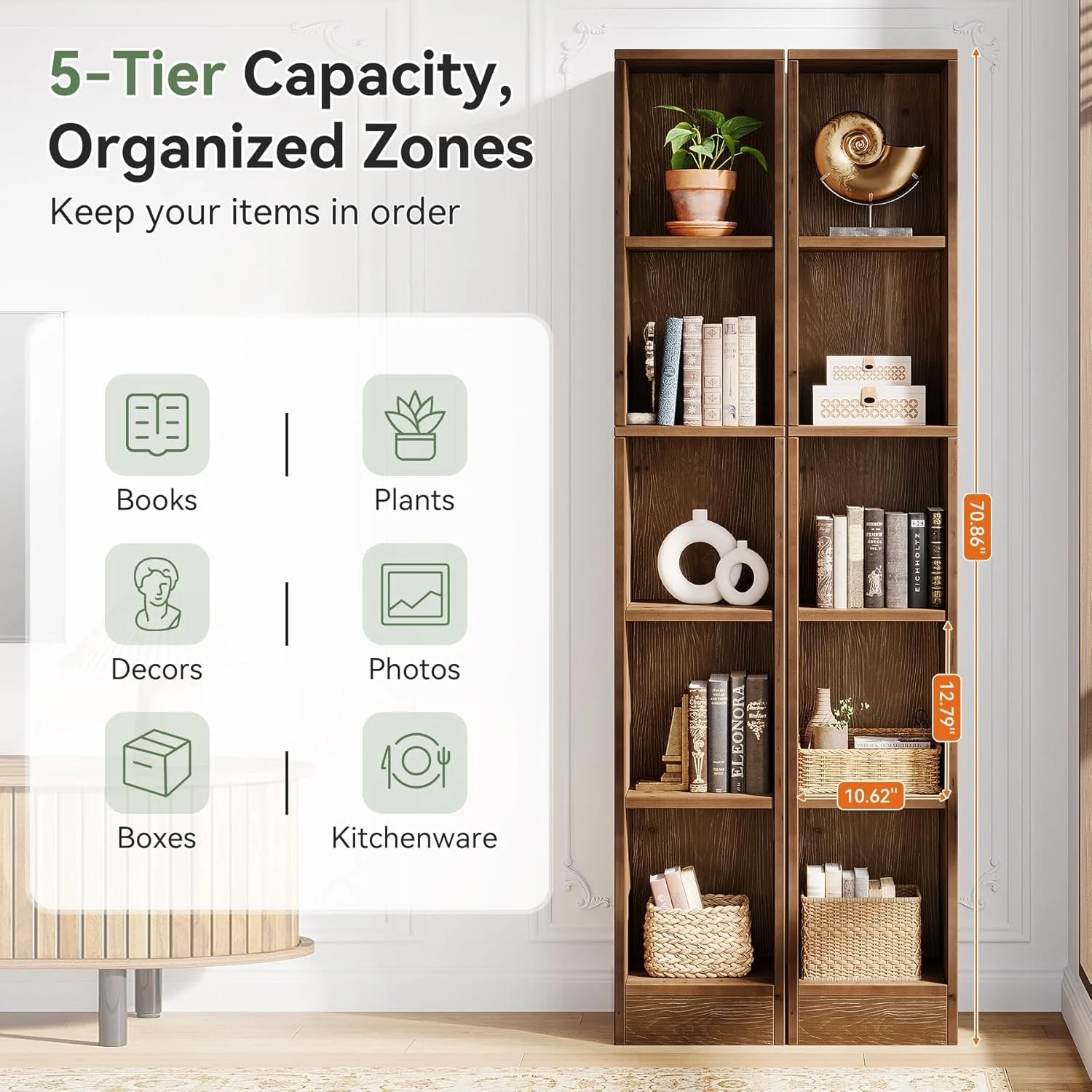 70.9" Tall Bookshelf, 5-Tier Wood Corner Bookcase Display Shelves for Home Office - Image 8