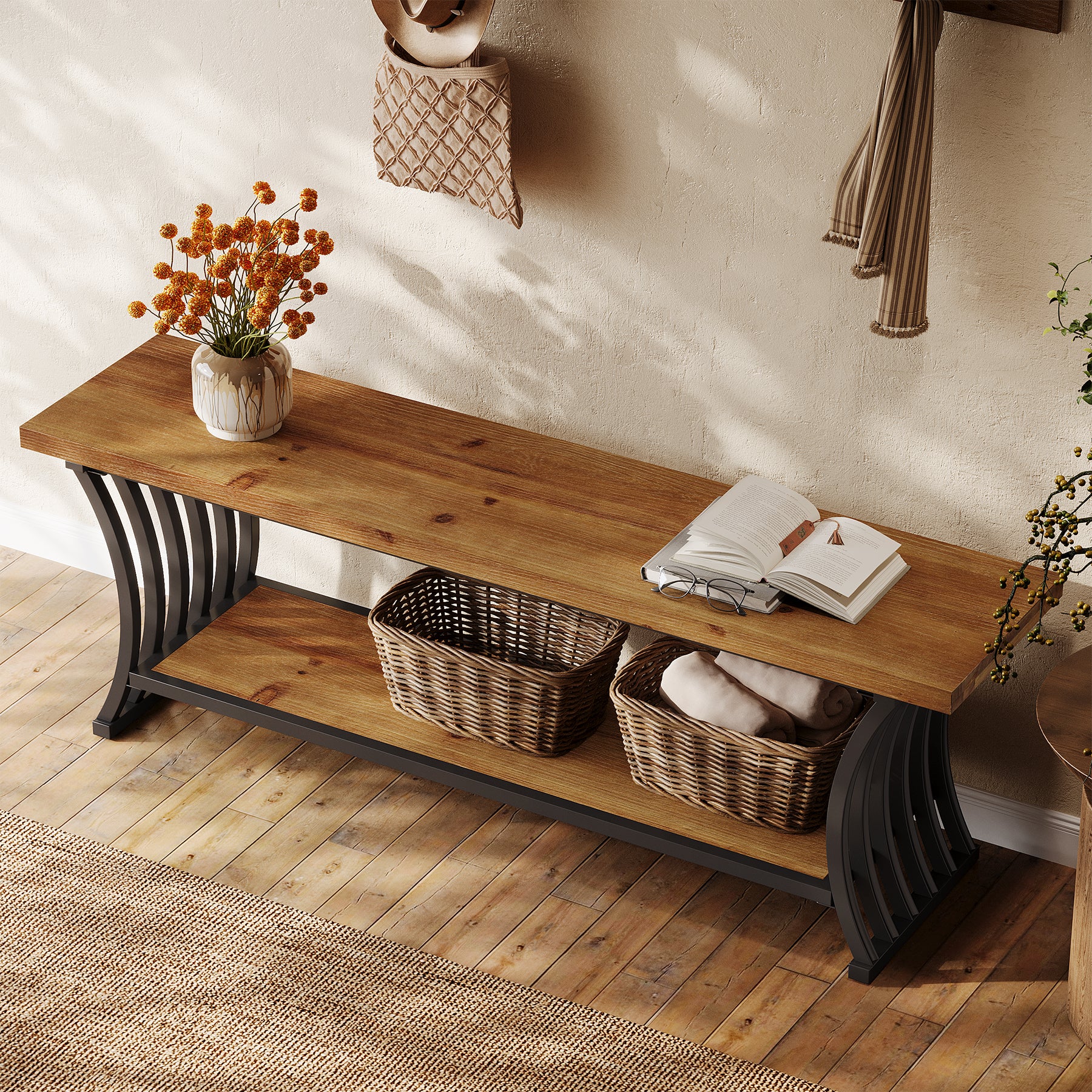 55" Entryway Bench, Wood End of Bed Shoe Bench with Shelf - Image 7