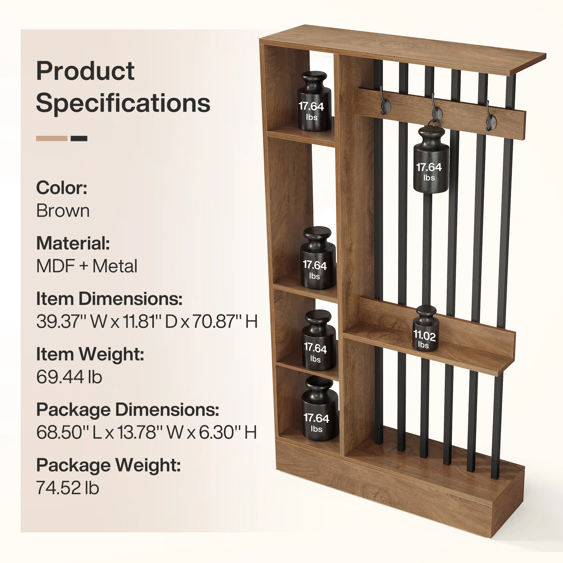 71" Wall Room Divider, Wood Freestanding Wall Partition Bookcase with Coat Hooks - Image 11