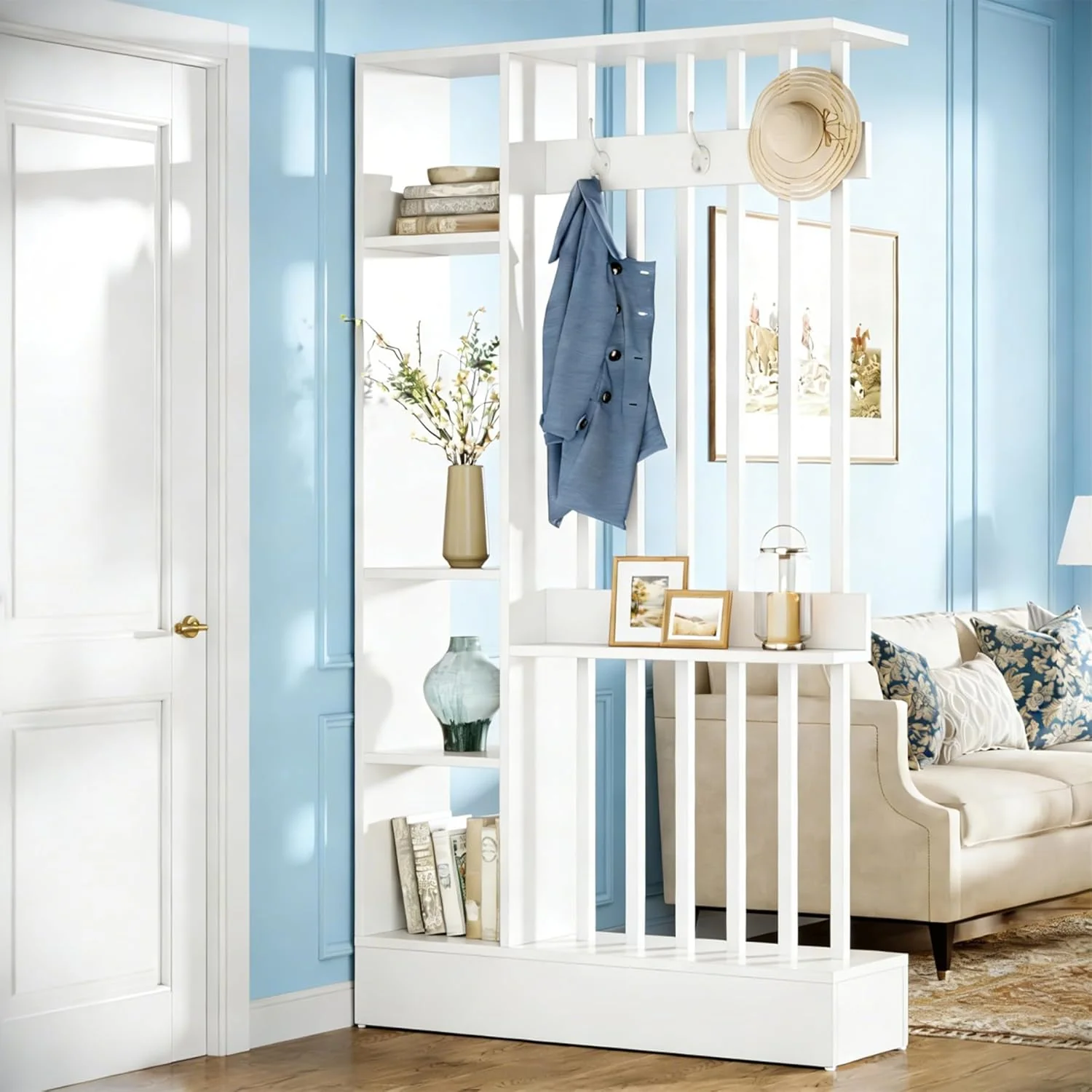 71" Wall Room Divider, Wood Freestanding Wall Partition Bookcase with Coat Hooks - Image 12
