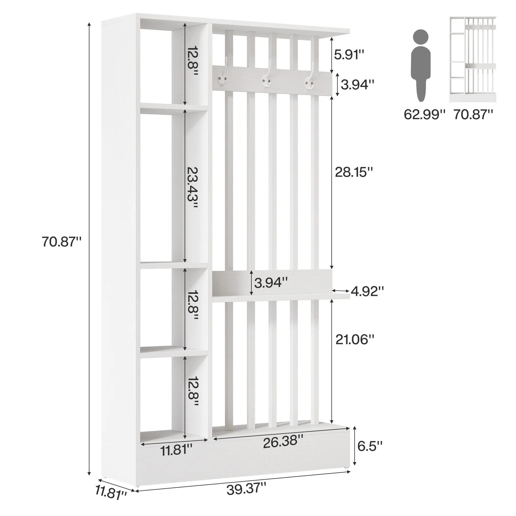 71" Wall Room Divider, Wood Freestanding Wall Partition Bookcase with Coat Hooks - Image 13