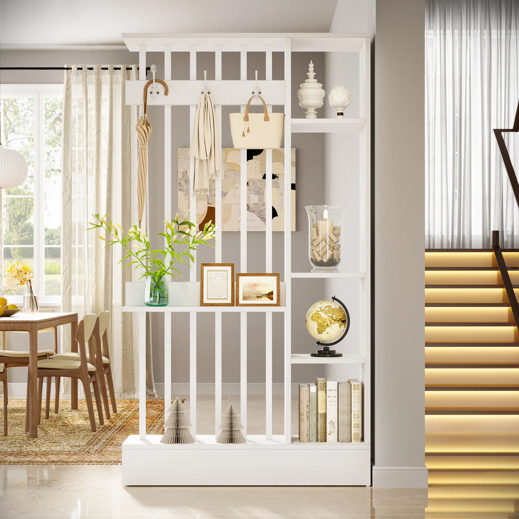 71" Wall Room Divider, Wood Freestanding Wall Partition Bookcase with Coat Hooks - Image 14