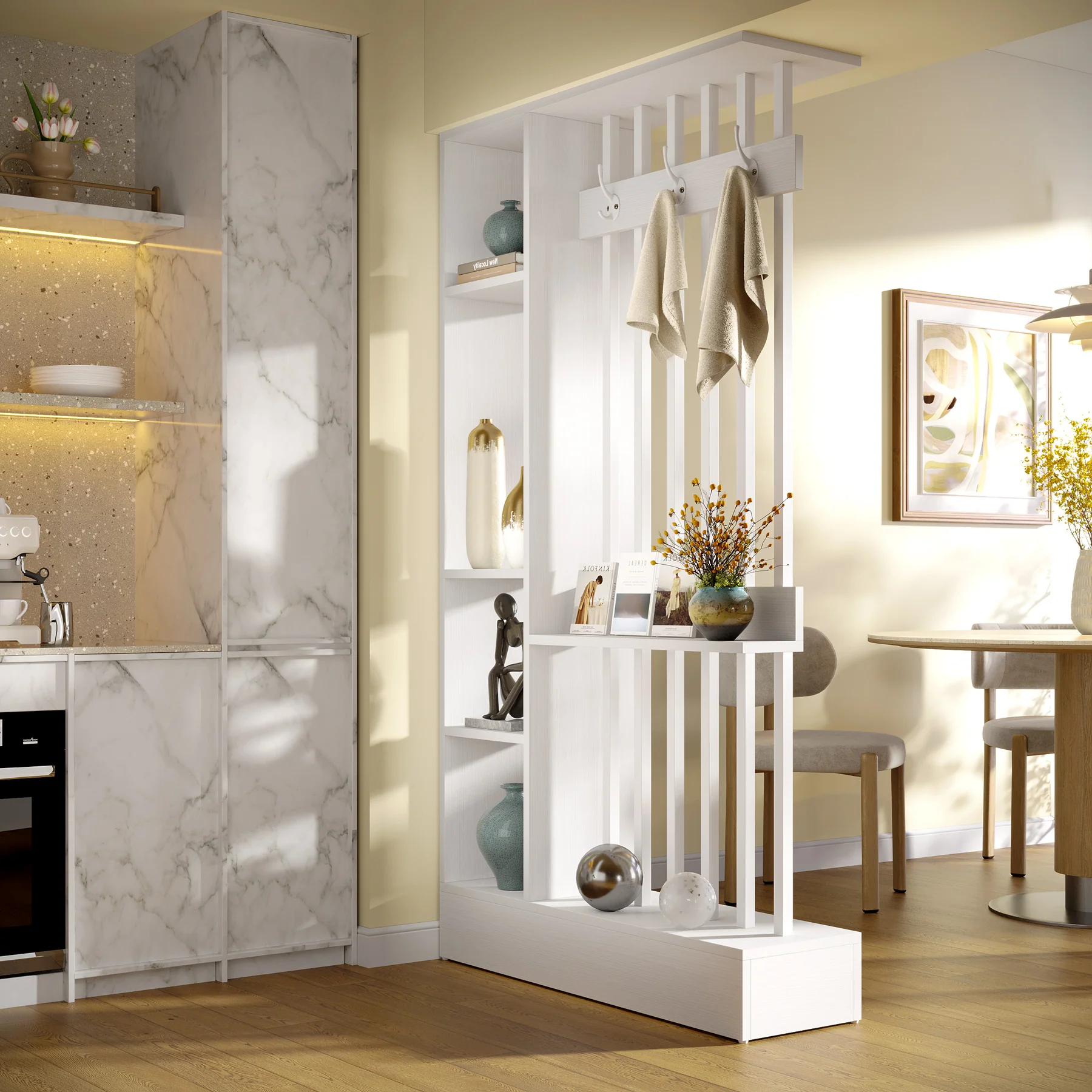 71" Wall Room Divider, Wood Freestanding Wall Partition Bookcase with Coat Hooks - Image 15