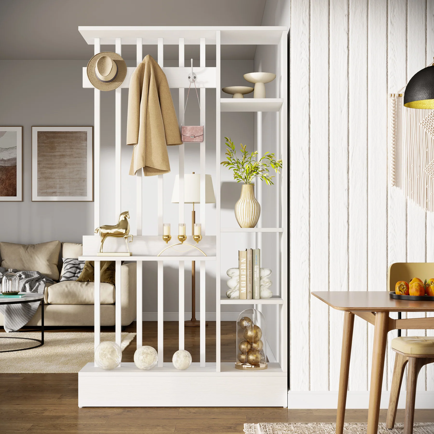 71" Wall Room Divider, Wood Freestanding Wall Partition Bookcase with Coat Hooks - Image 16
