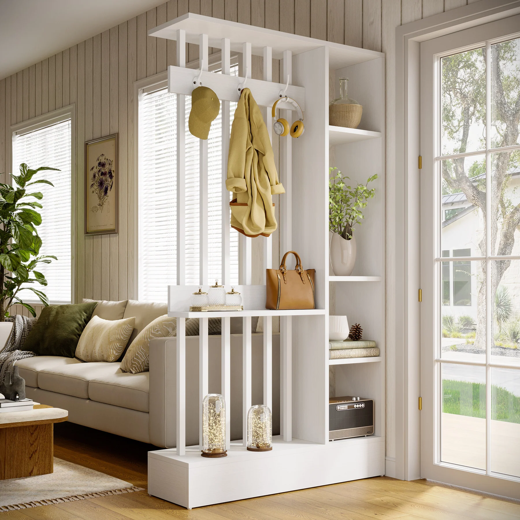 71" Wall Room Divider, Wood Freestanding Wall Partition Bookcase with Coat Hooks - Image 17