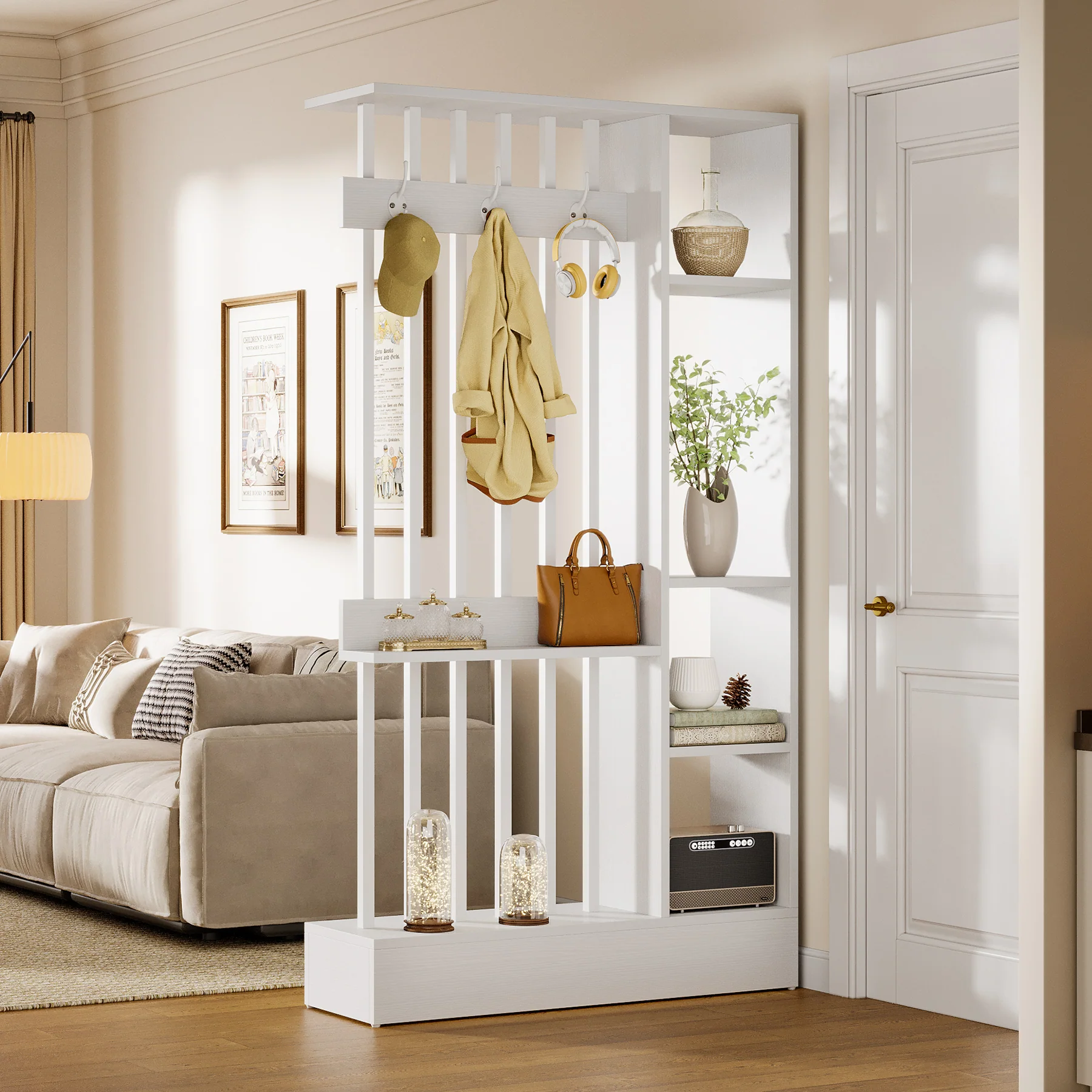 71" Wall Room Divider, Wood Freestanding Wall Partition Bookcase with Coat Hooks - Image 18