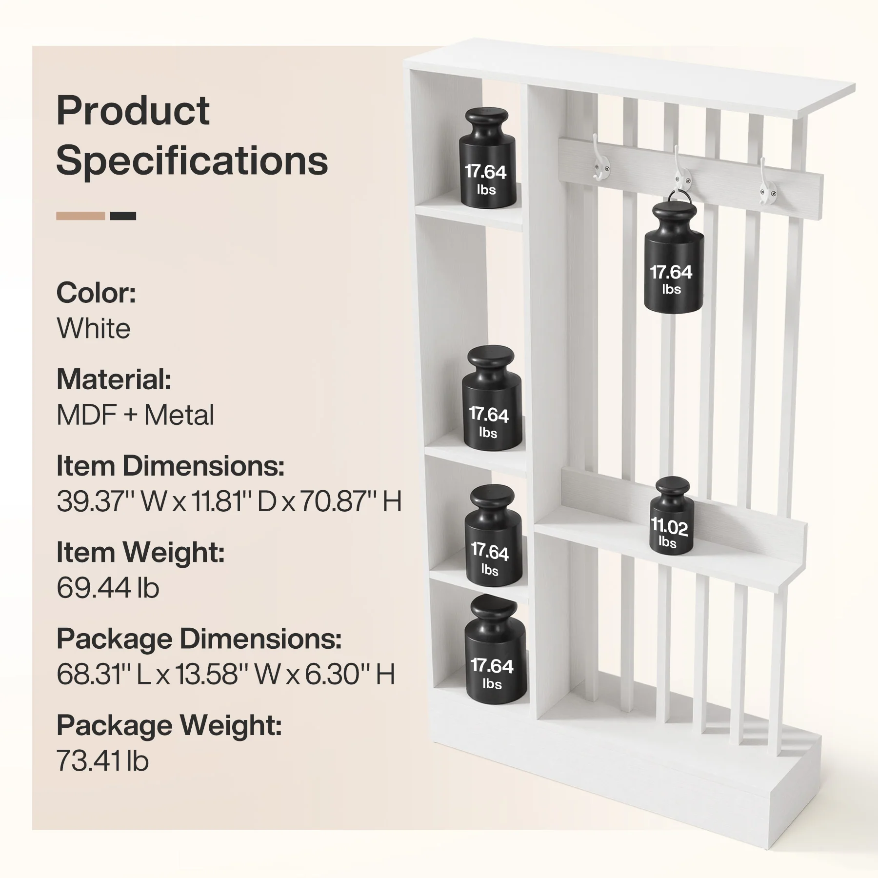 71" Wall Room Divider, Wood Freestanding Wall Partition Bookcase with Coat Hooks - Image 19