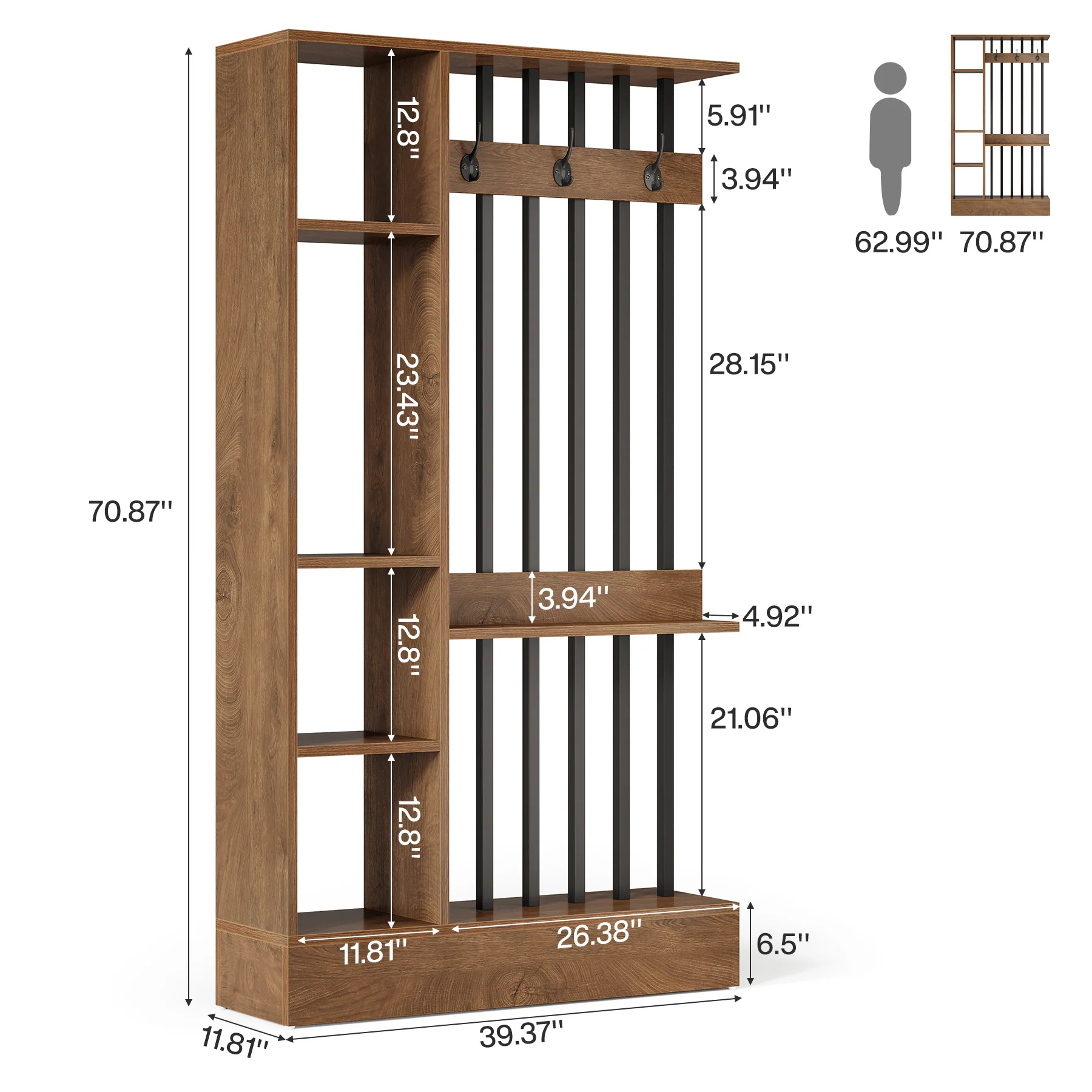 71" Wall Room Divider, Wood Freestanding Wall Partition Bookcase with Coat Hooks - Image 2