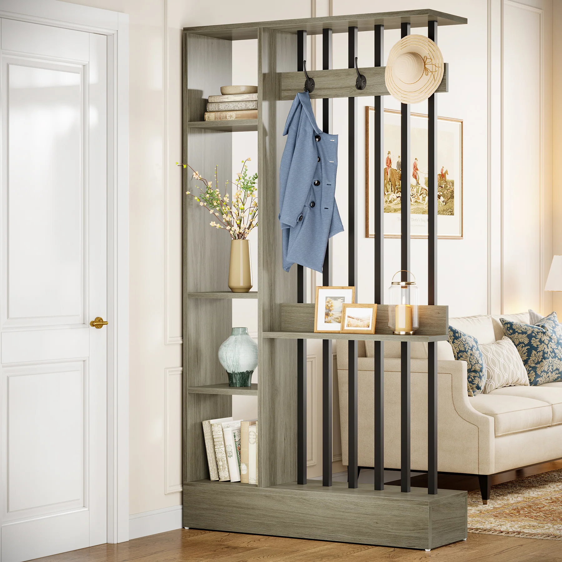 71" Wall Room Divider, Wood Freestanding Wall Partition Bookcase with Coat Hooks - Image 23
