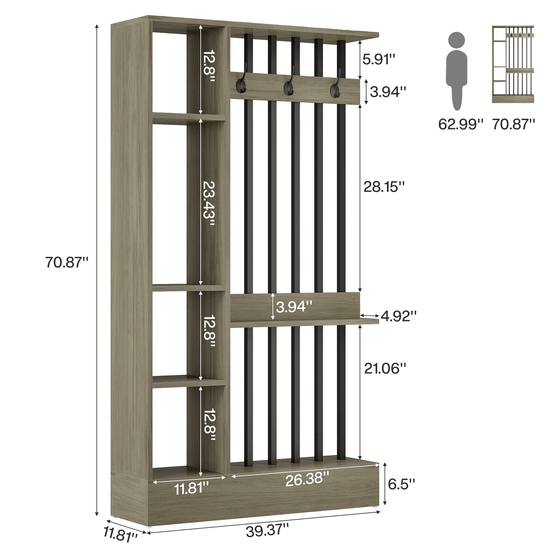 71" Wall Room Divider, Wood Freestanding Wall Partition Bookcase with Coat Hooks - Image 24