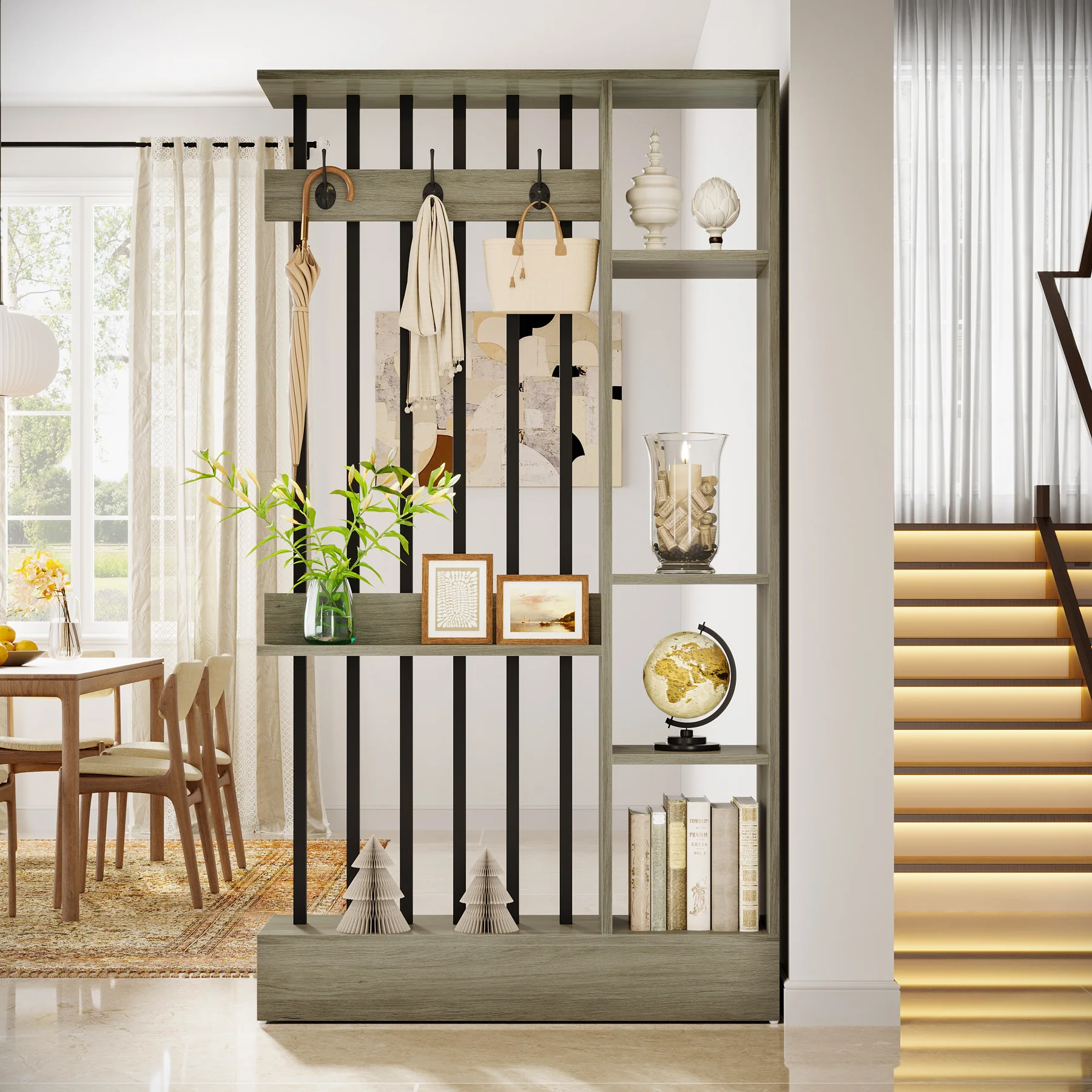 71" Wall Room Divider, Wood Freestanding Wall Partition Bookcase with Coat Hooks - Image 25