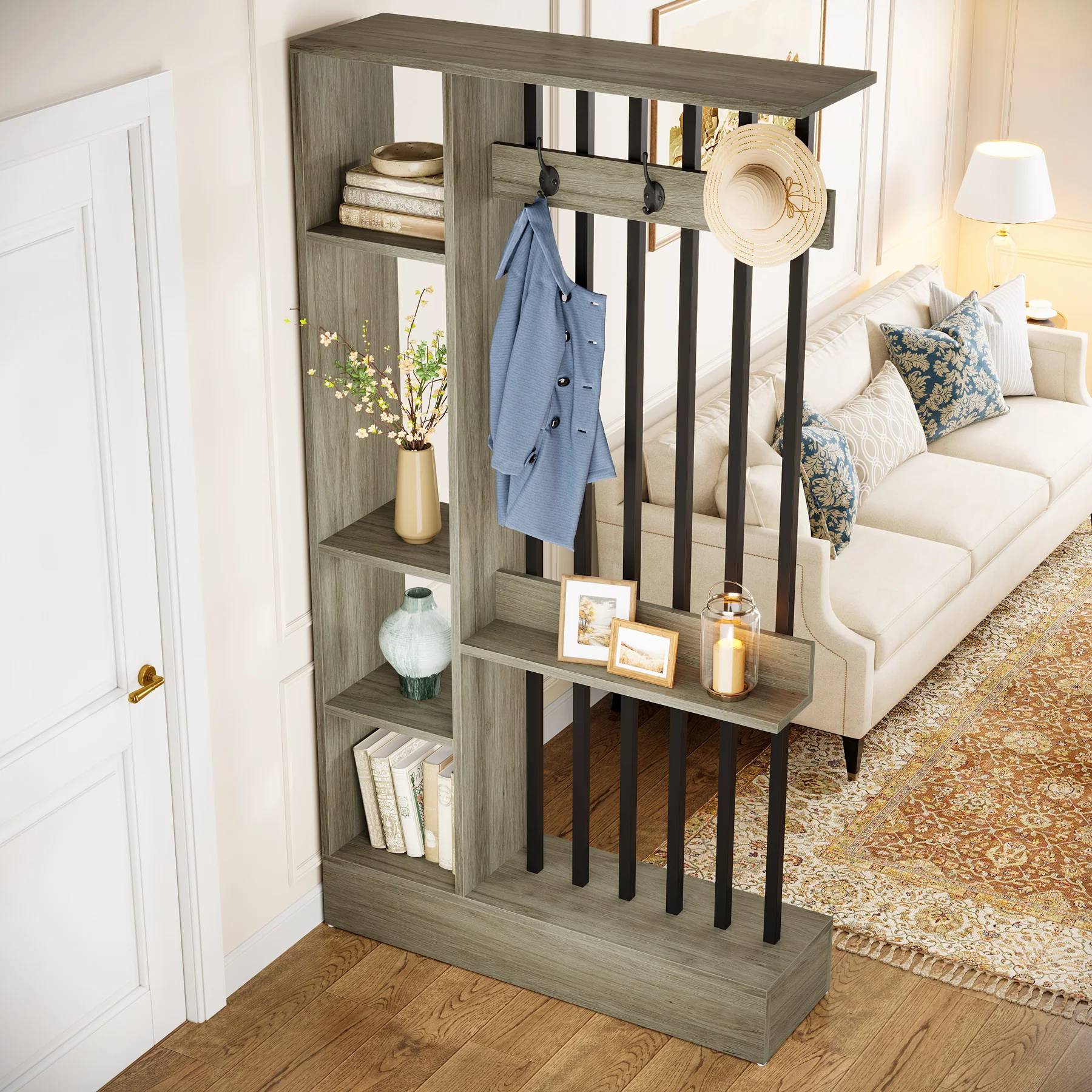 71" Wall Room Divider, Wood Freestanding Wall Partition Bookcase with Coat Hooks - Image 26