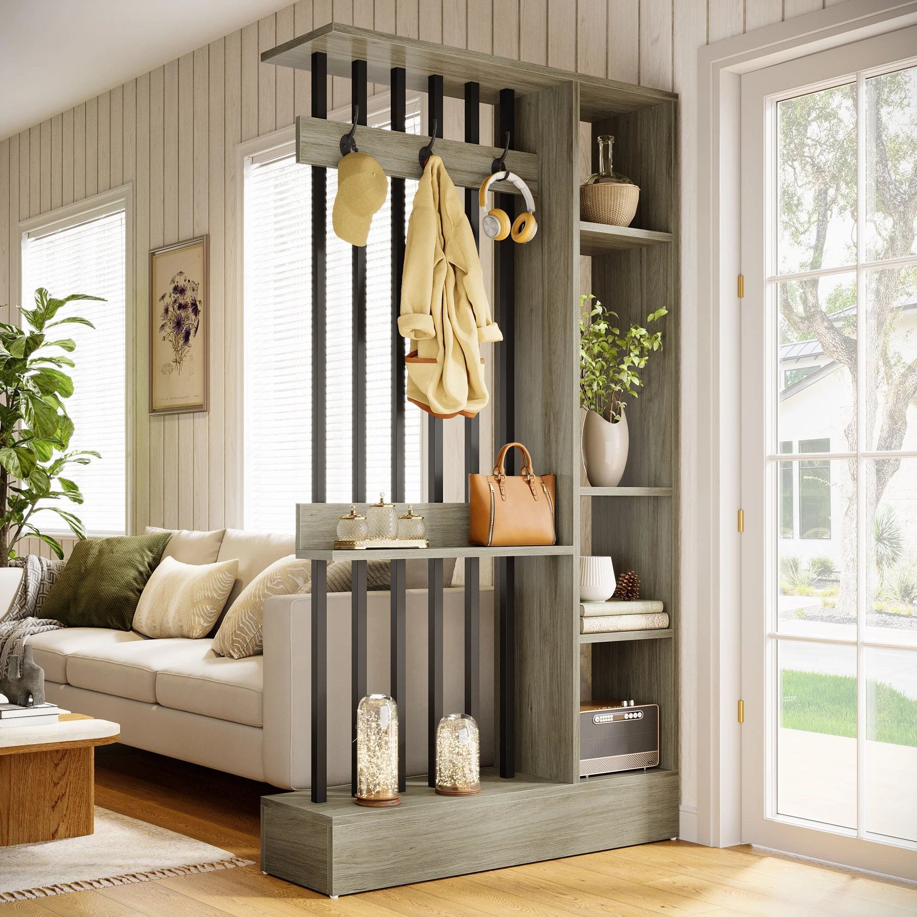 71" Wall Room Divider, Wood Freestanding Wall Partition Bookcase with Coat Hooks - Image 27