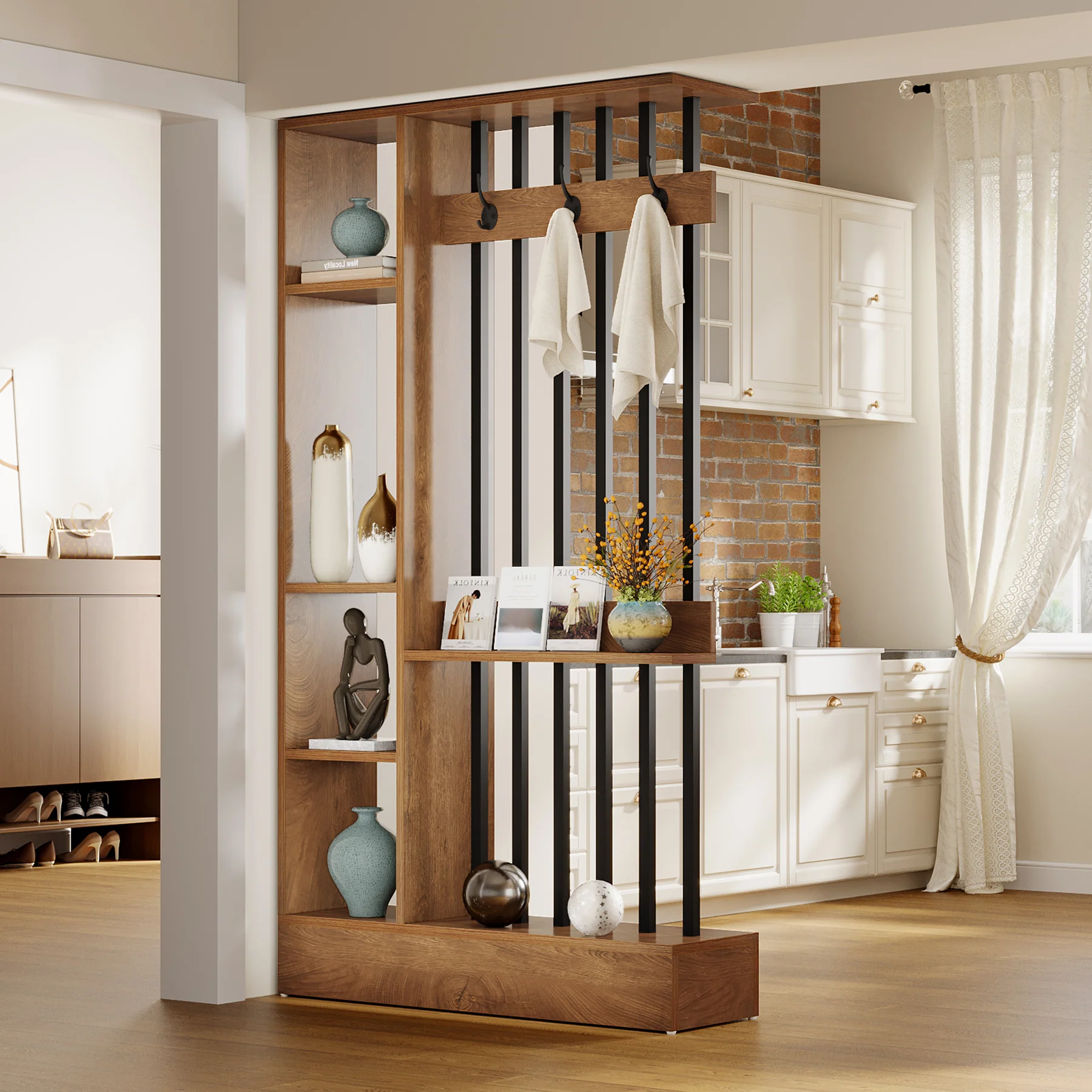71" Wall Room Divider, Wood Freestanding Wall Partition Bookcase with Coat Hooks - Image 3