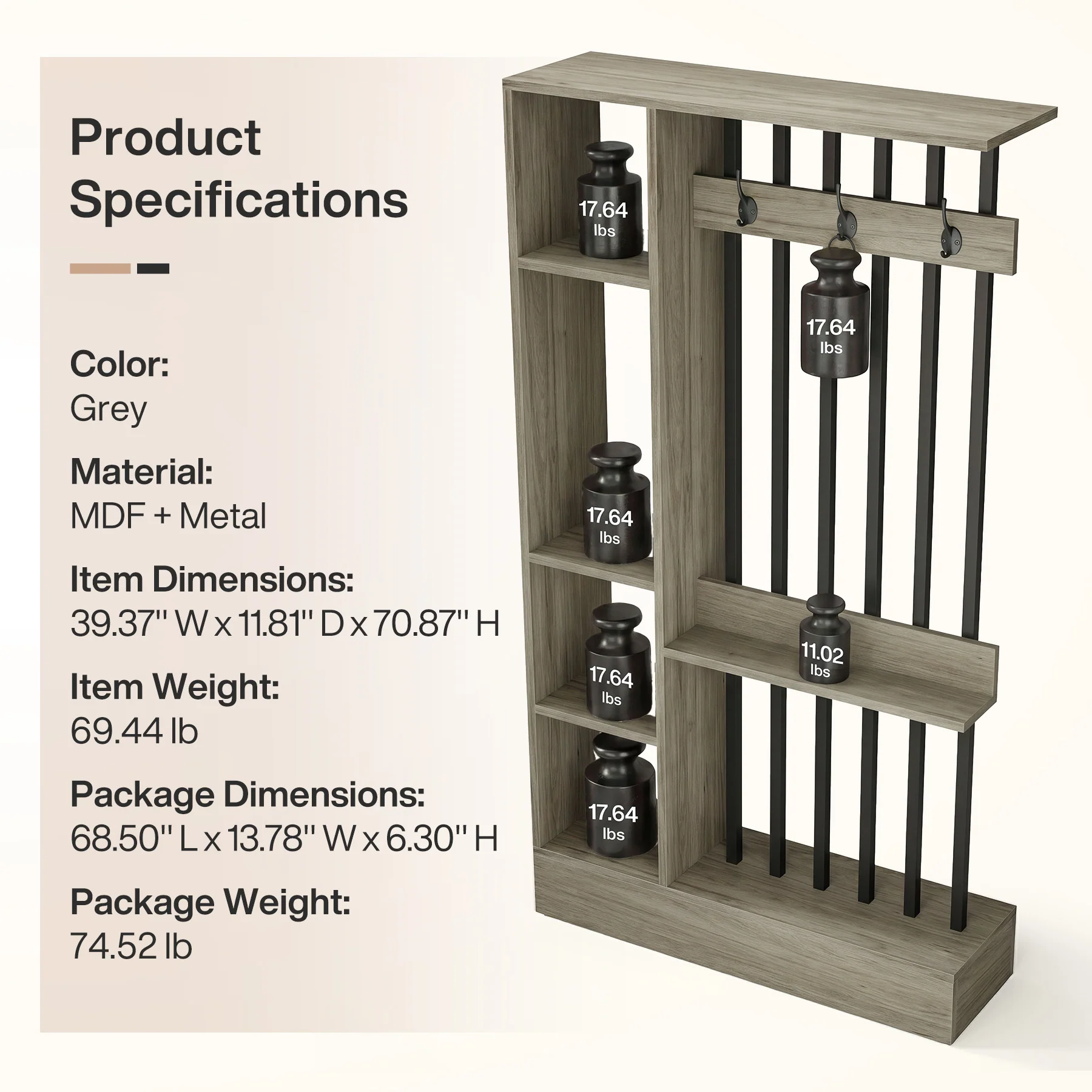71" Wall Room Divider, Wood Freestanding Wall Partition Bookcase with Coat Hooks - Image 30