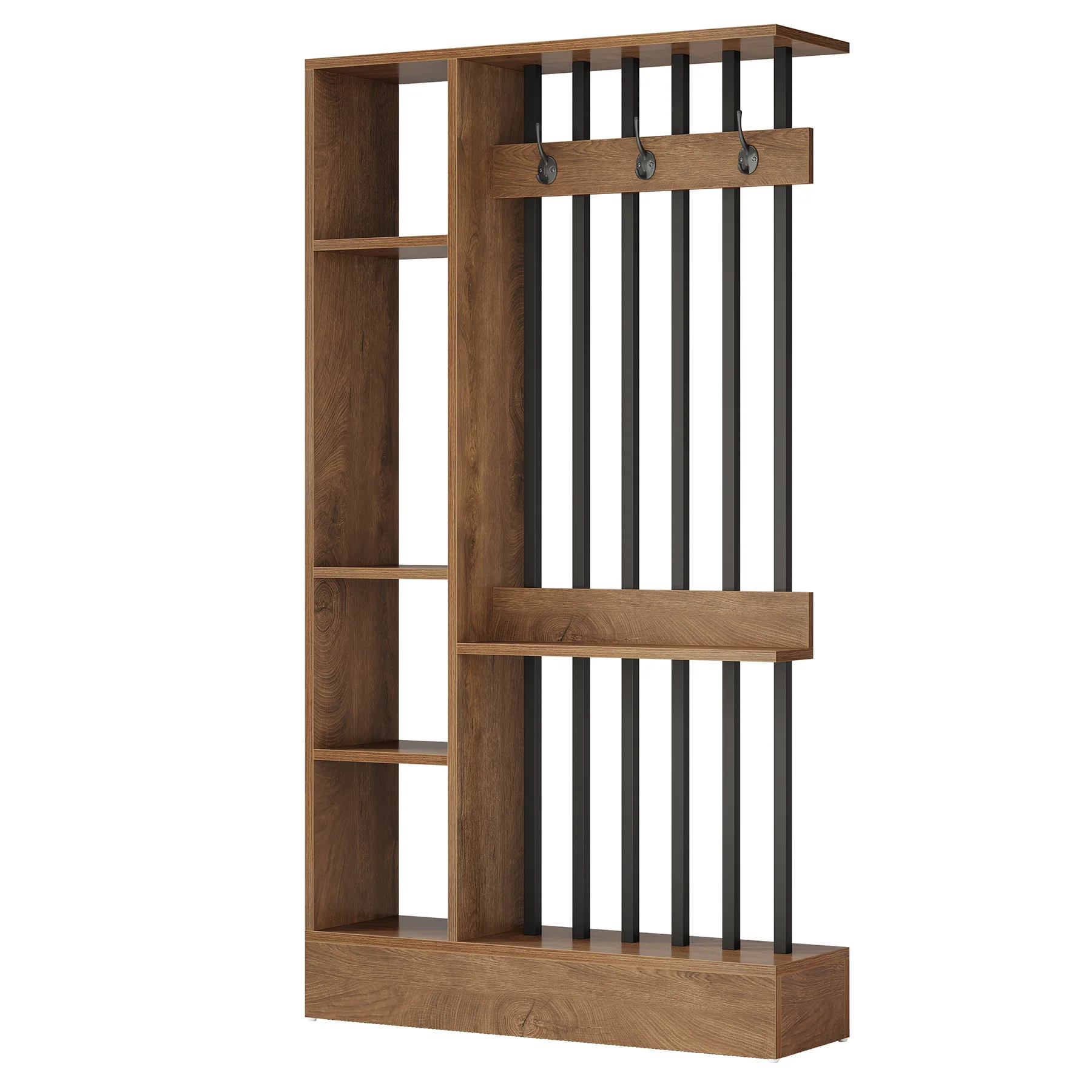 71" Wall Room Divider, Wood Freestanding Wall Partition Bookcase with Coat Hooks - Image 32