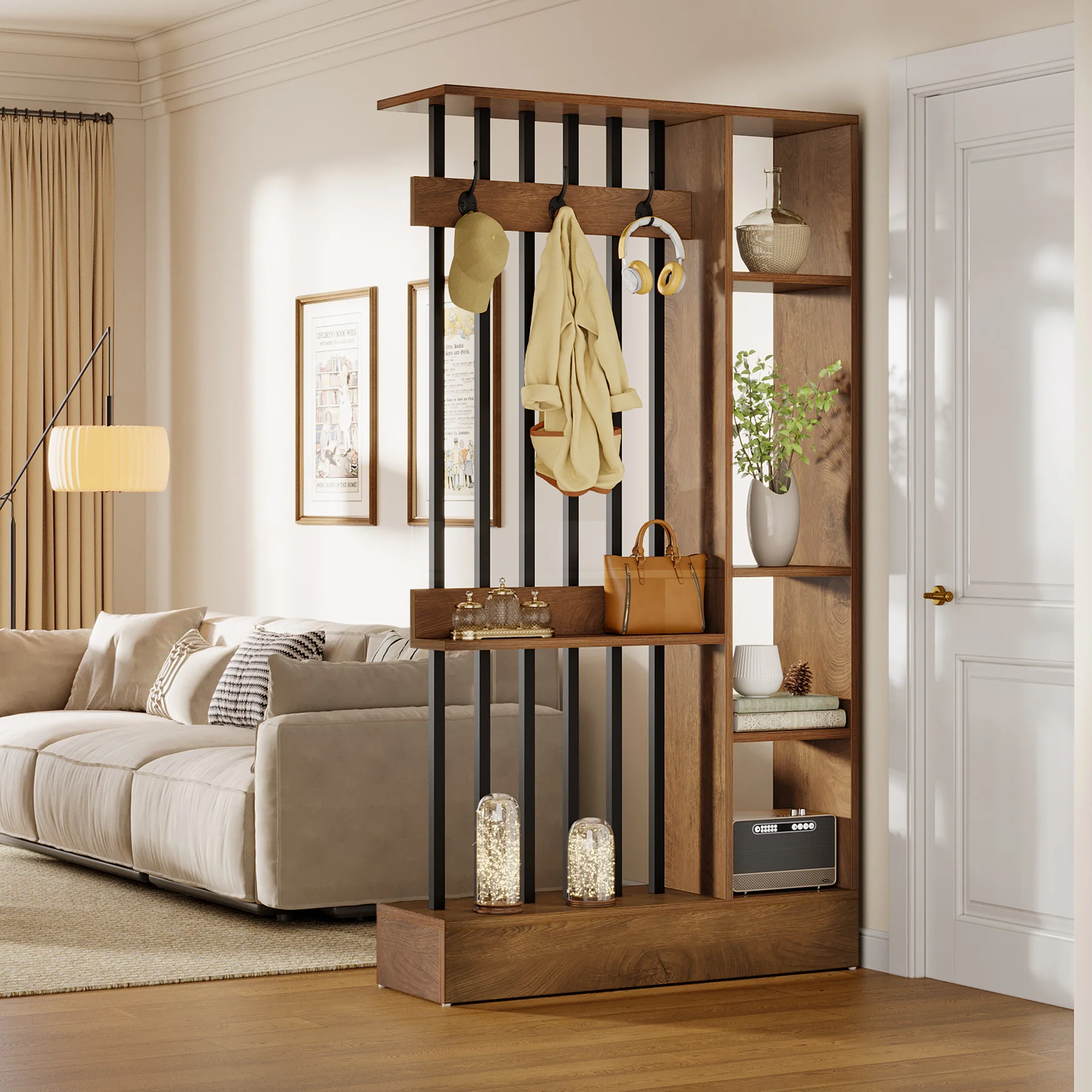 71" Wall Room Divider, Wood Freestanding Wall Partition Bookcase with Coat Hooks - Image 4