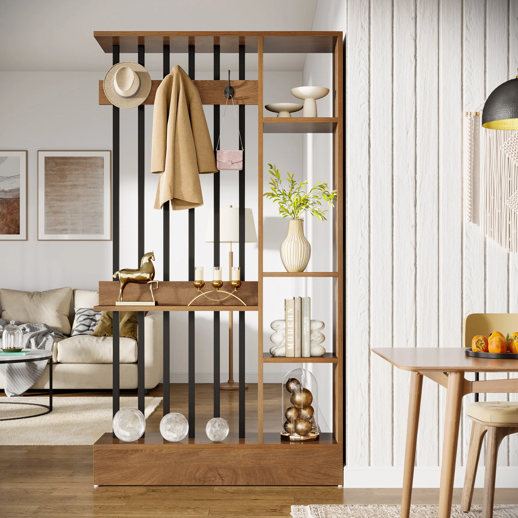 71" Wall Room Divider, Wood Freestanding Wall Partition Bookcase with Coat Hooks - Image 5