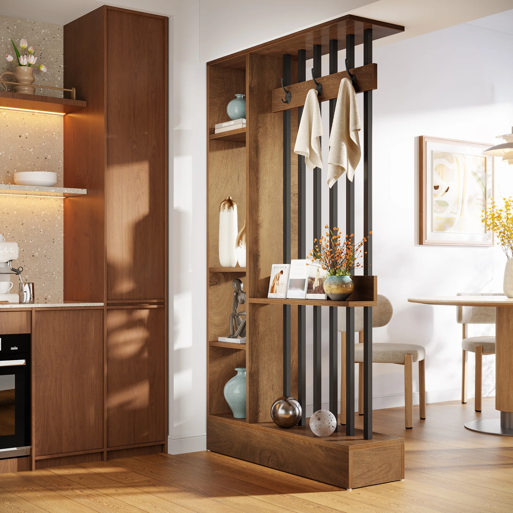 71" Wall Room Divider, Wood Freestanding Wall Partition Bookcase with Coat Hooks - Image 6