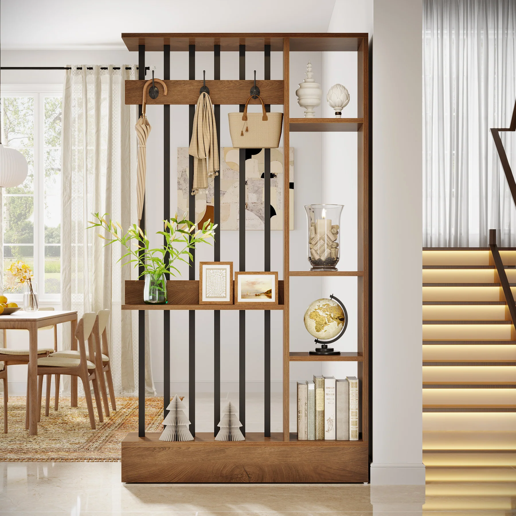 71" Wall Room Divider, Wood Freestanding Wall Partition Bookcase with Coat Hooks - Image 7