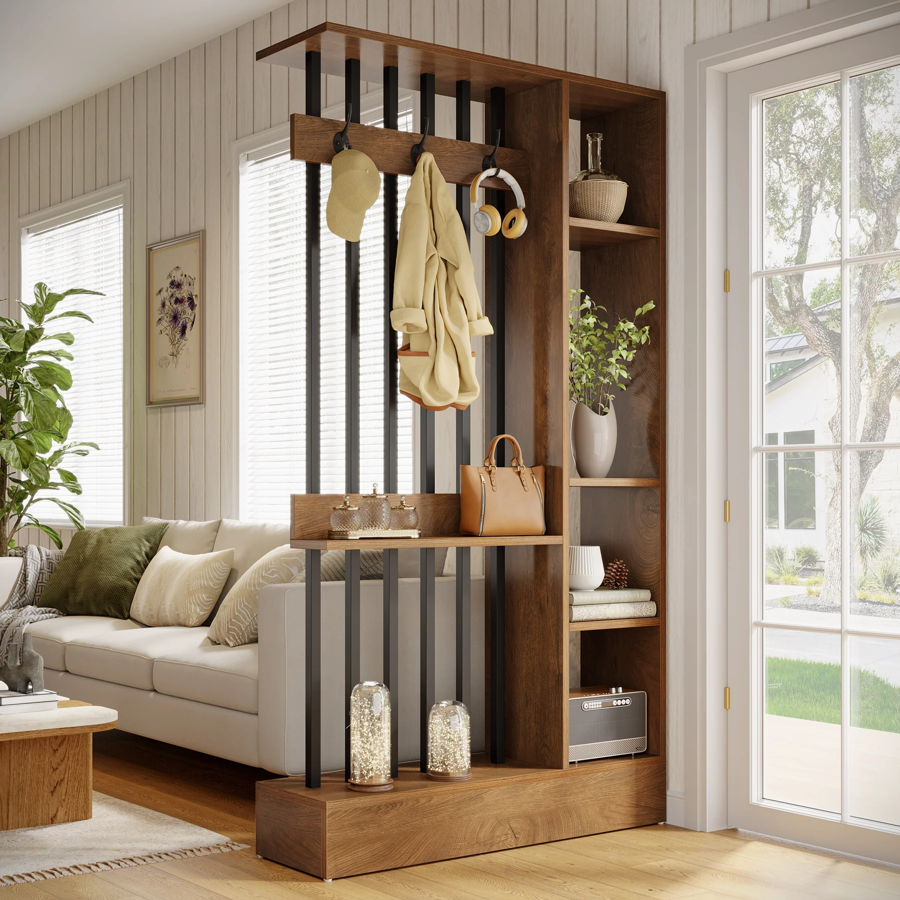71" Wall Room Divider, Wood Freestanding Wall Partition Bookcase with Coat Hooks - Image 8