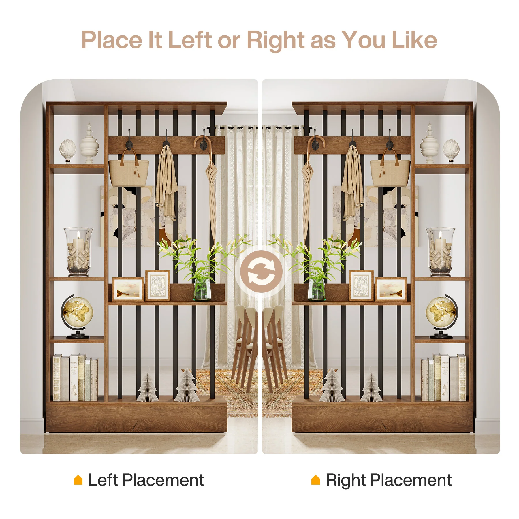 71" Wall Room Divider, Wood Freestanding Wall Partition Bookcase with Coat Hooks - Image 9