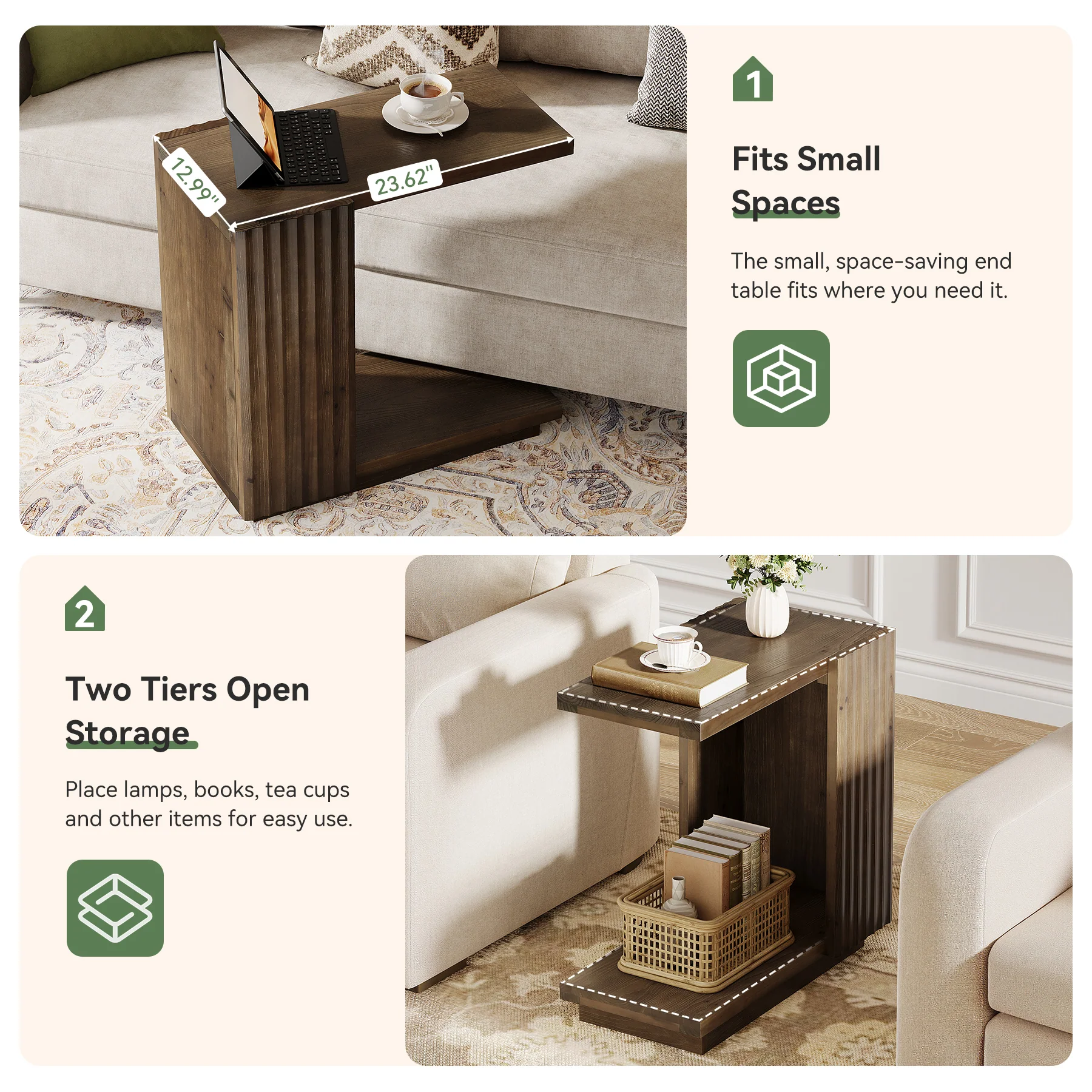 C Shaped Sofa End Table, Wood Side Table with Fluted Panels - Image 6