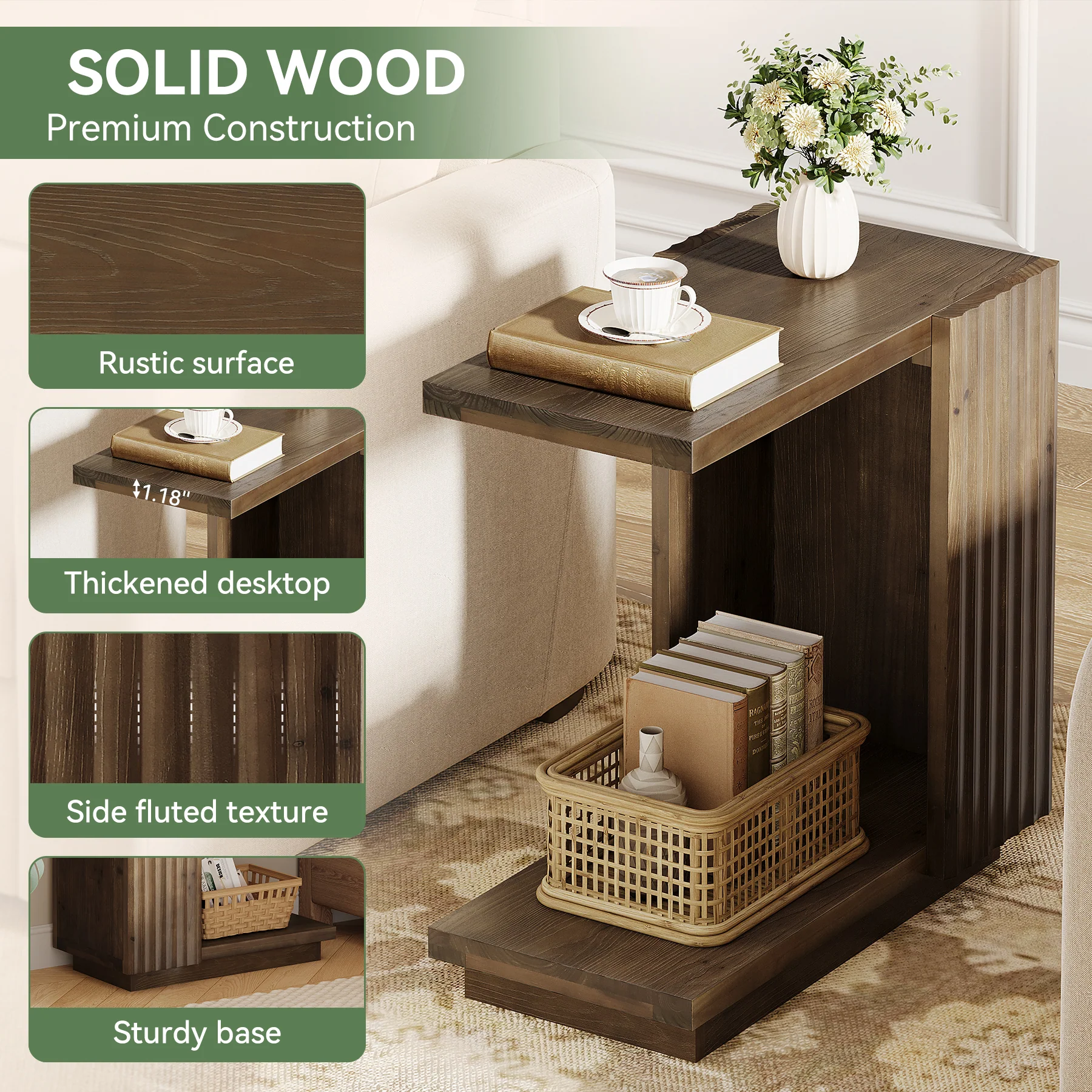 C Shaped Sofa End Table, Wood Side Table with Fluted Panels - Image 7