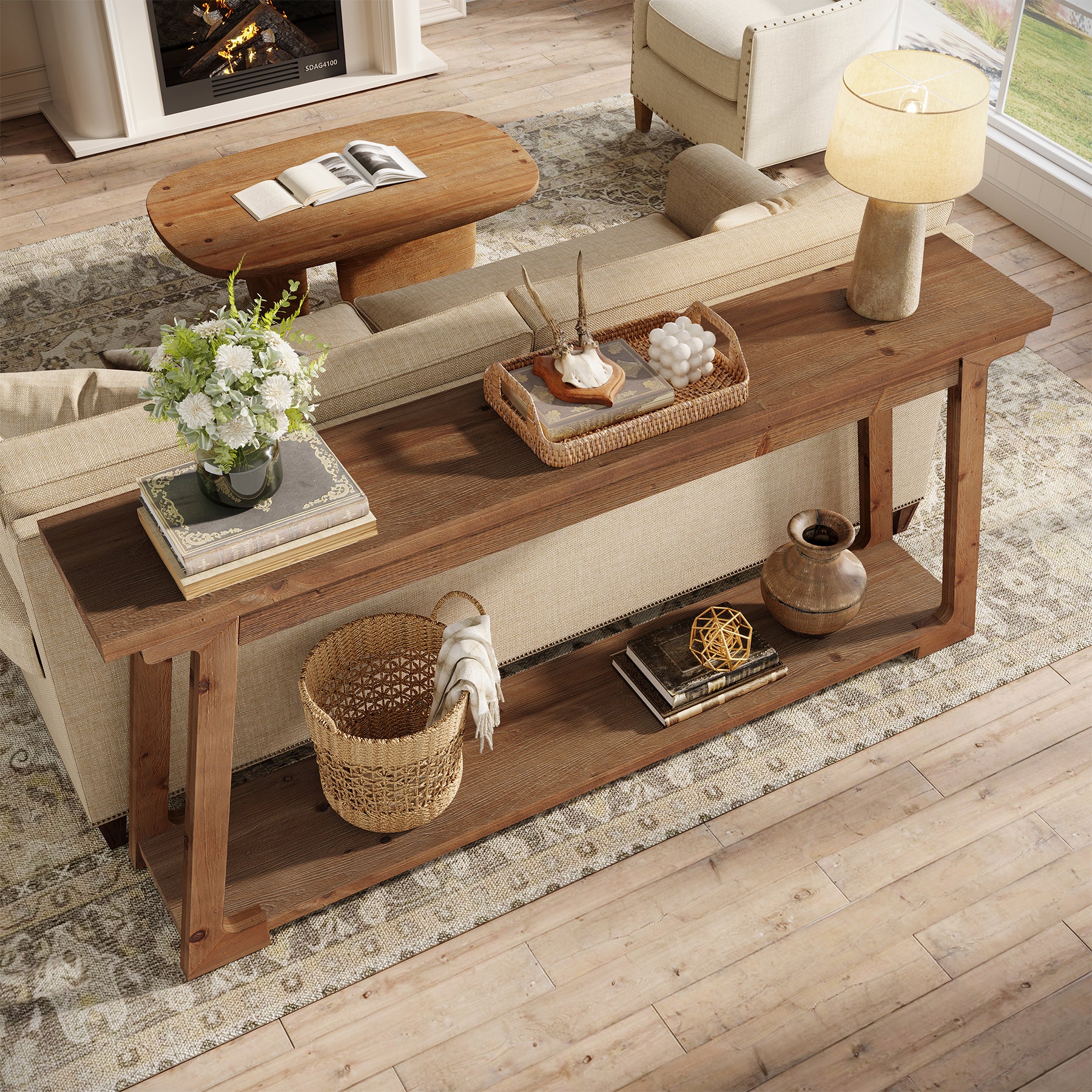 63" Console Table, Wood Sofa Table with 2-Tier Storage for Living Room - Image 8