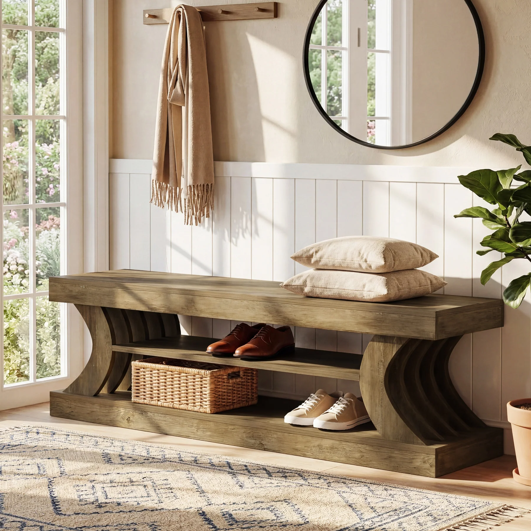 63" Entryway Bench, Wooden 3-Tier End of Bed Bench with Open Storage - Image 3