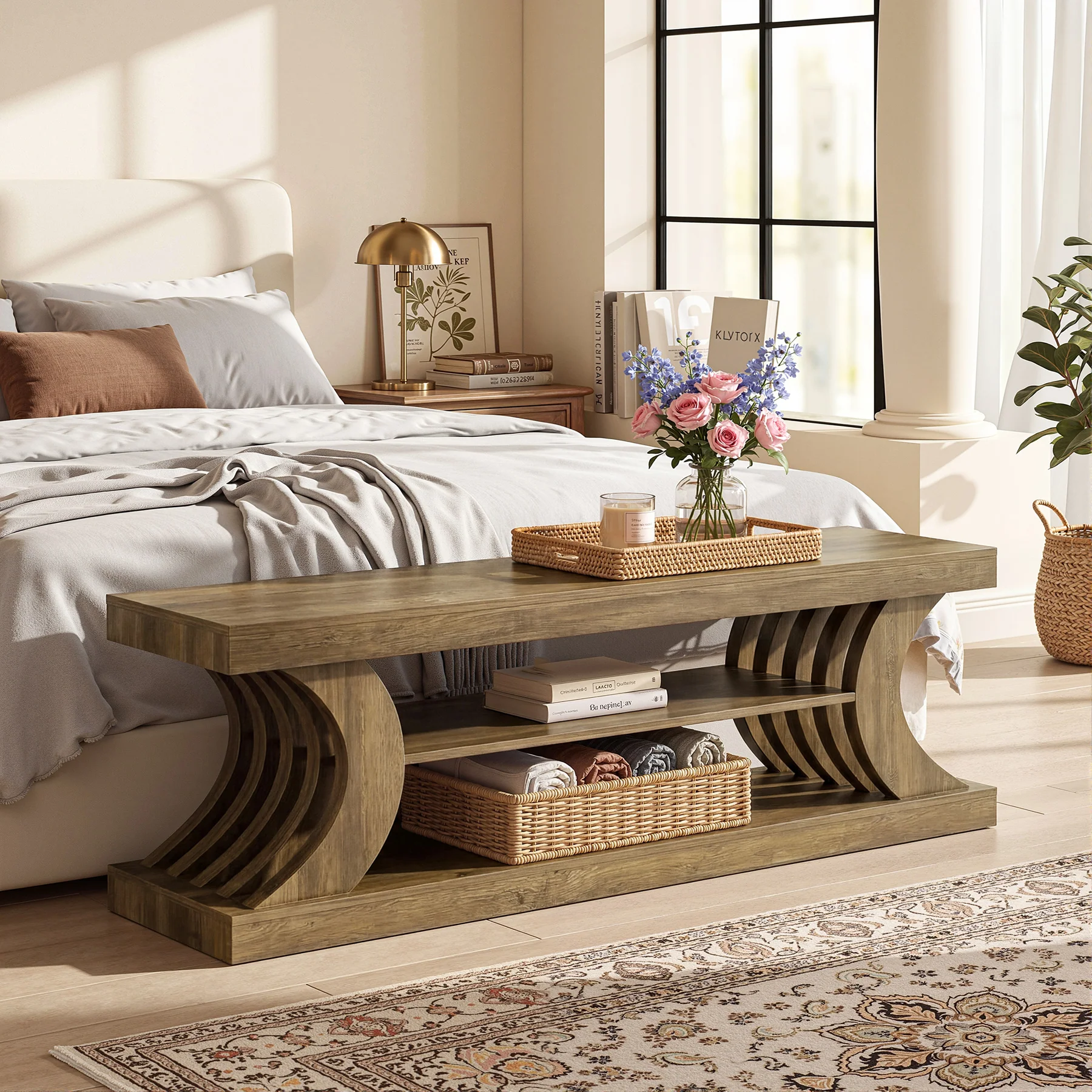 63" Entryway Bench, Wooden 3-Tier End of Bed Bench with Open Storage - Image 4