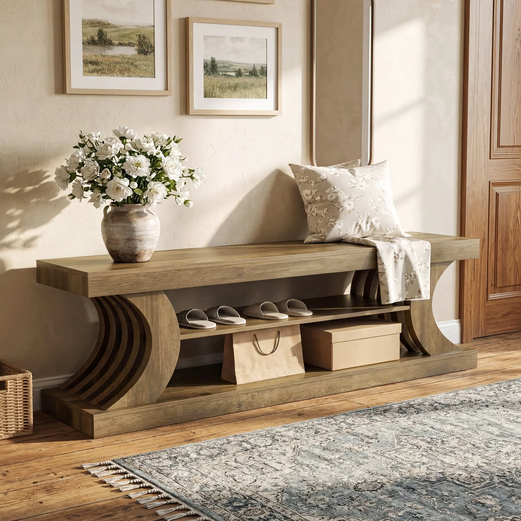 63" Entryway Bench, Wooden 3-Tier End of Bed Bench with Open Storage - Image 5