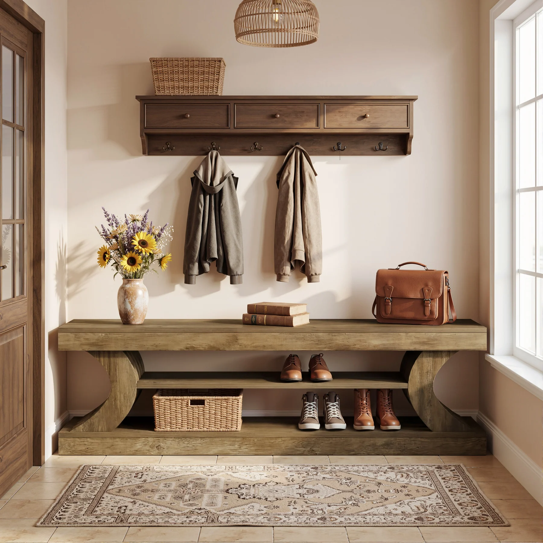 63" Entryway Bench, Wooden 3-Tier End of Bed Bench with Open Storage - Image 7