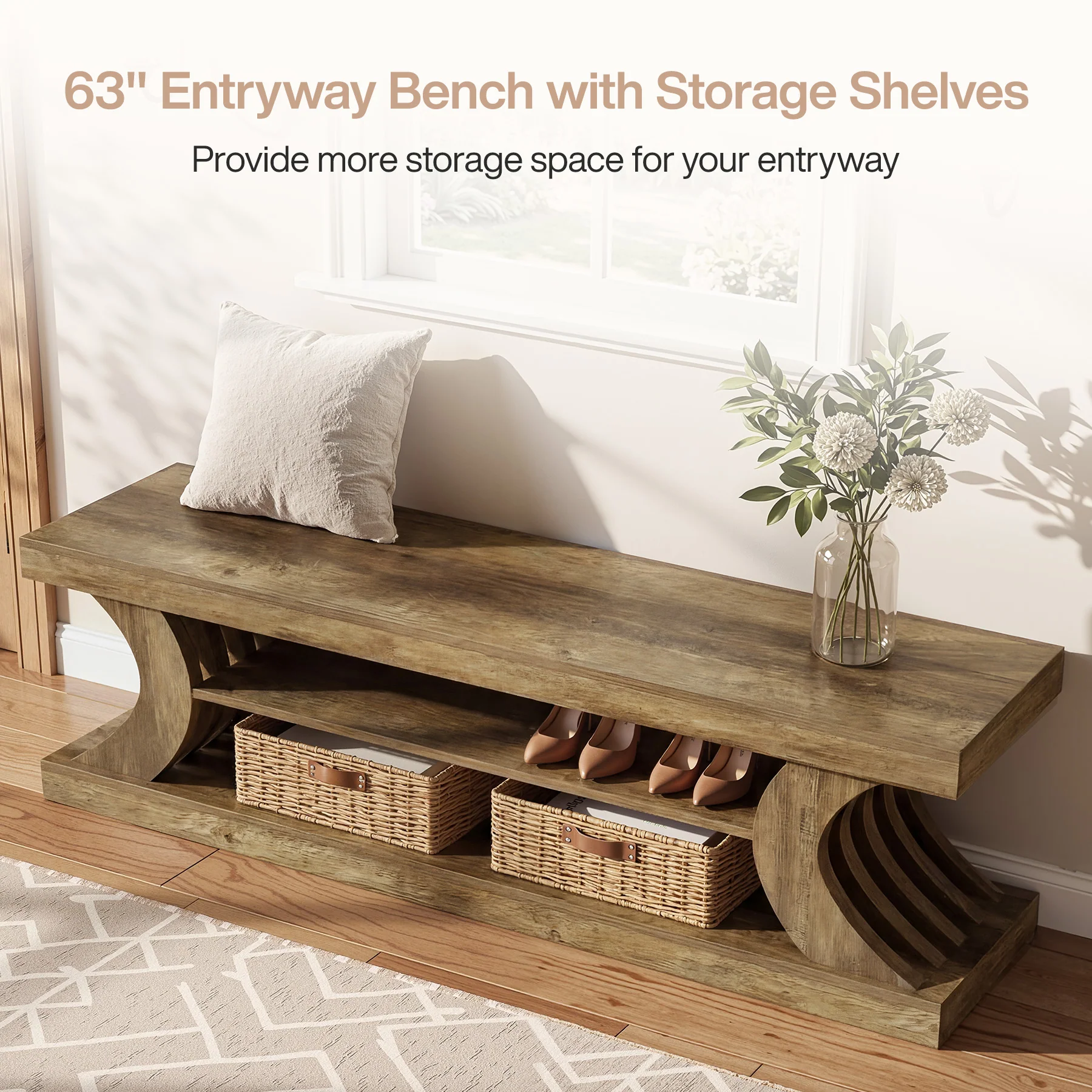 63" Entryway Bench, Wooden 3-Tier End of Bed Bench with Open Storage - Image 8