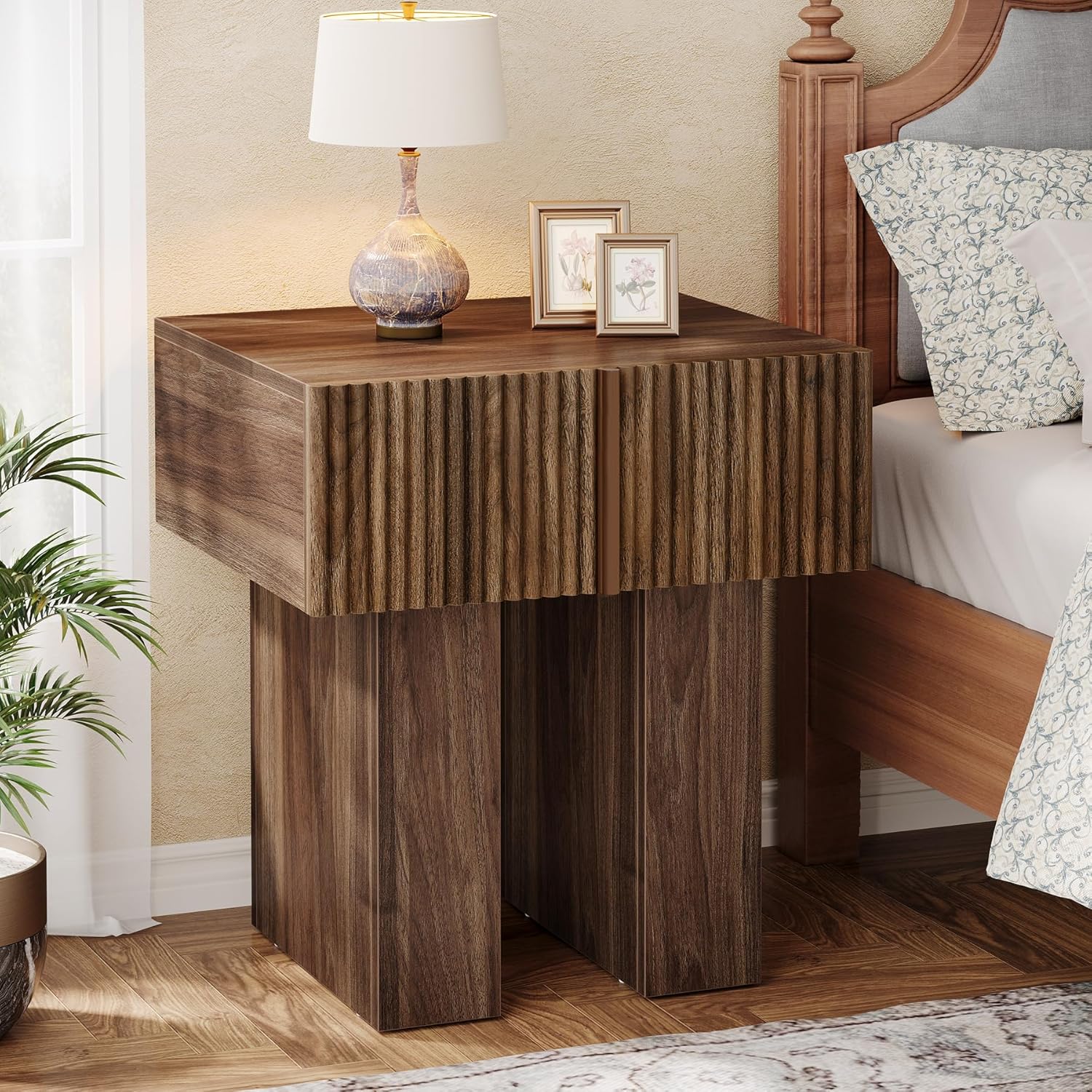 19.6" Fluted Nightstand, Wooden Bedside Table with Storage Drawer - Image 3