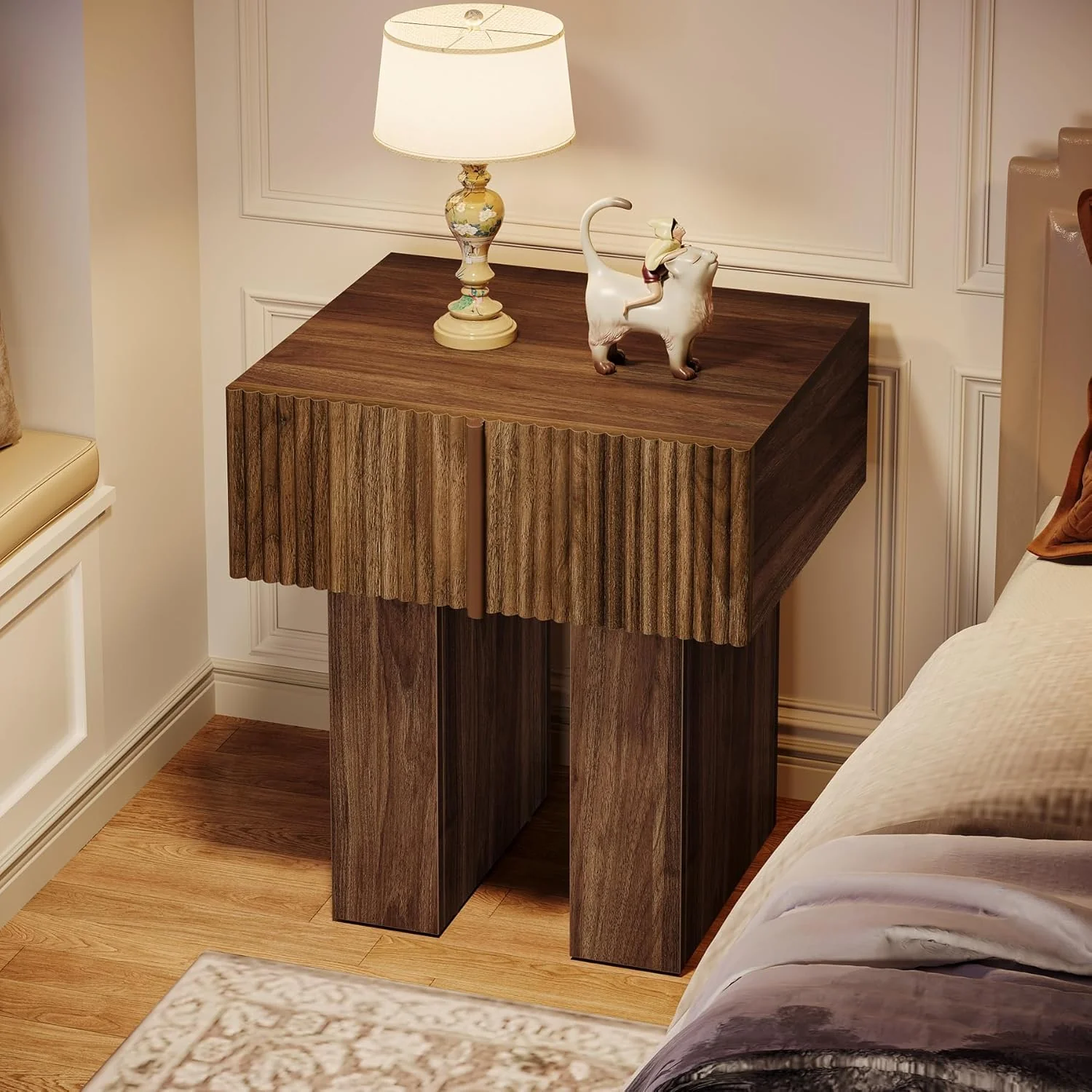 19.6" Fluted Nightstand, Wooden Bedside Table with Storage Drawer - Image 4
