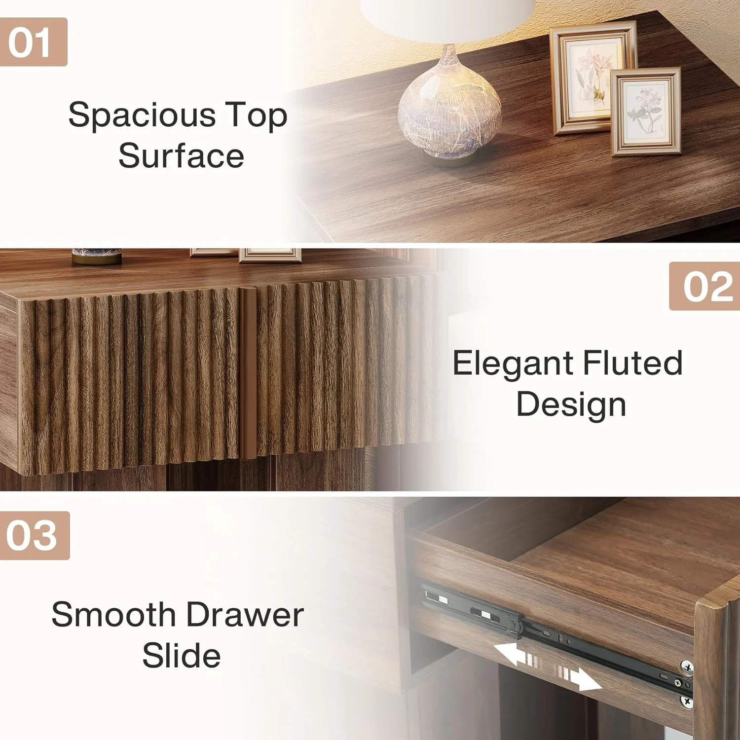 19.6" Fluted Nightstand, Wooden Bedside Table with Storage Drawer - Image 6