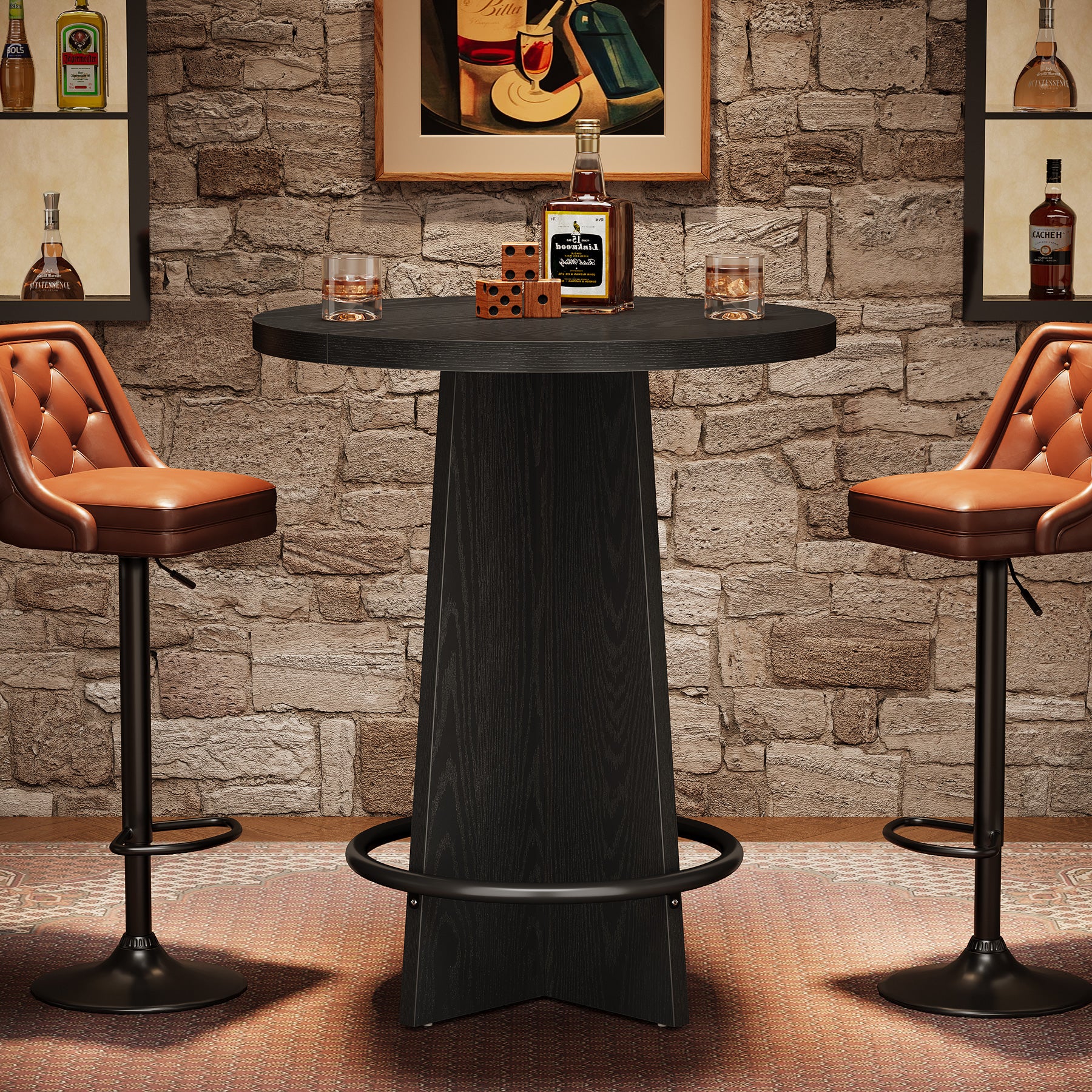 37.4" Bar Table, Wooden Bistro Pub Table with Metal Ring Footrest - Image 10