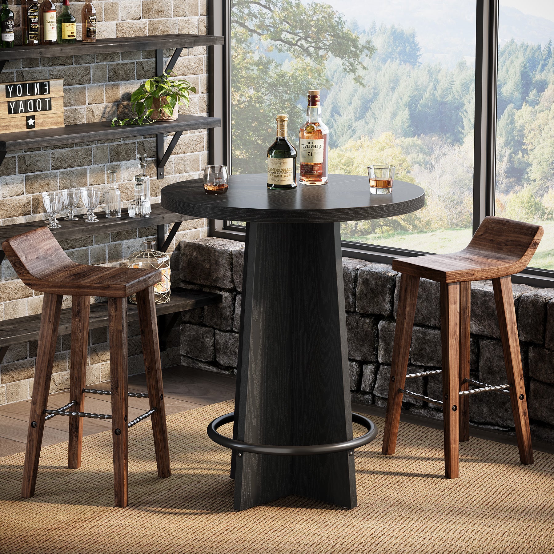 37.4" Bar Table, Wooden Bistro Pub Table with Metal Ring Footrest - Image 11
