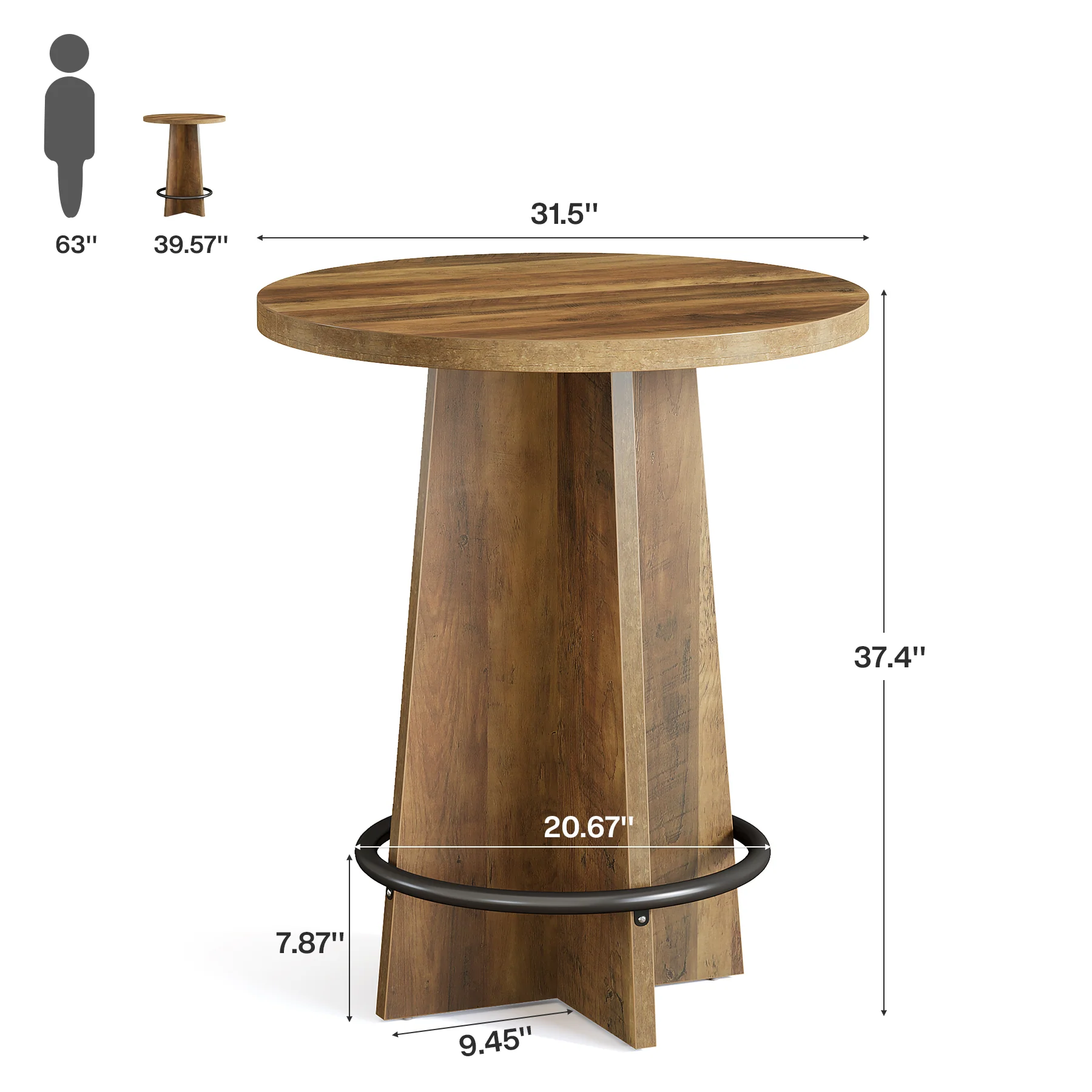 37.4" Bar Table, Wooden Bistro Pub Table with Metal Ring Footrest - Image 2