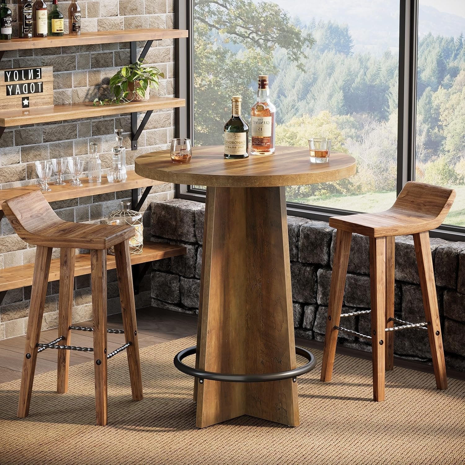 37.4" Bar Table, Wooden Bistro Pub Table with Metal Ring Footrest - Image 3
