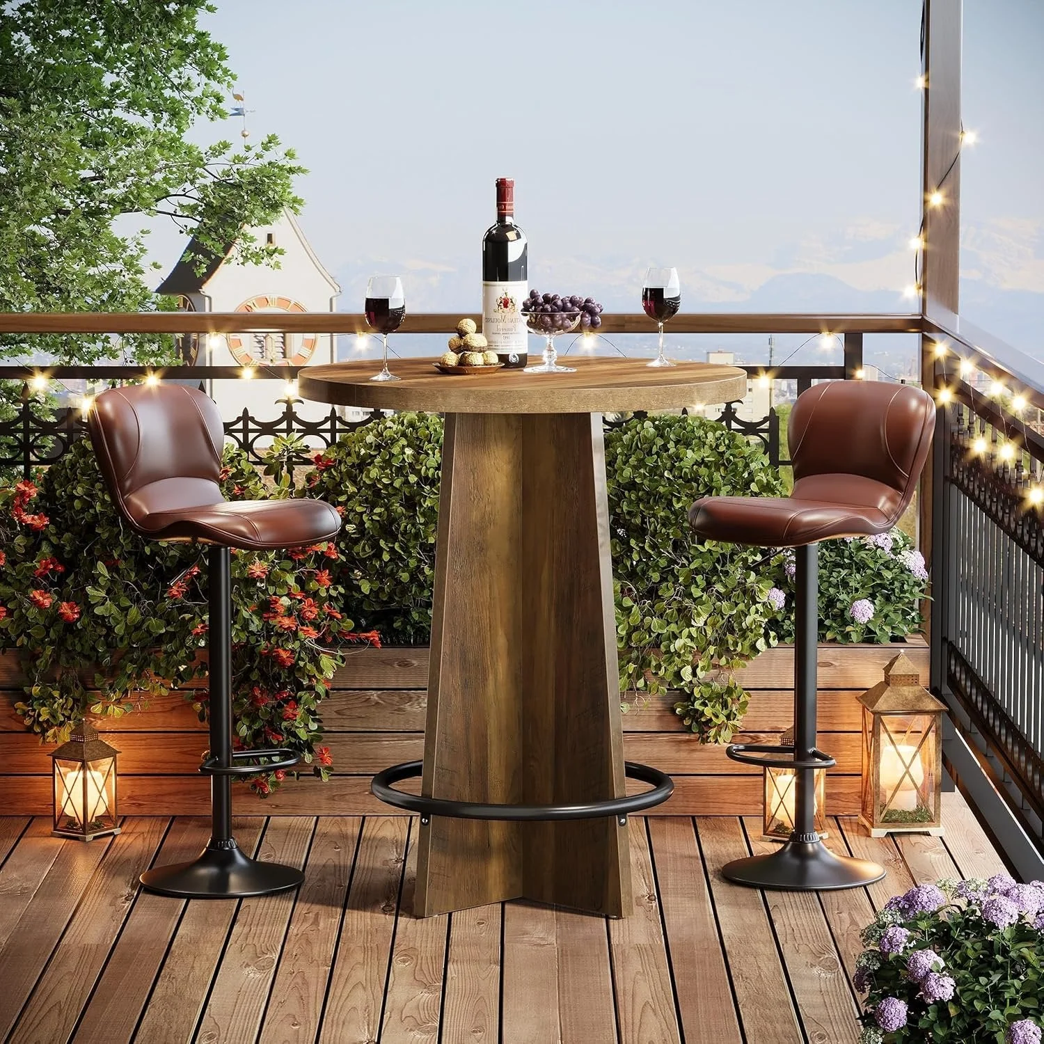 37.4" Bar Table, Wooden Bistro Pub Table with Metal Ring Footrest - Image 4