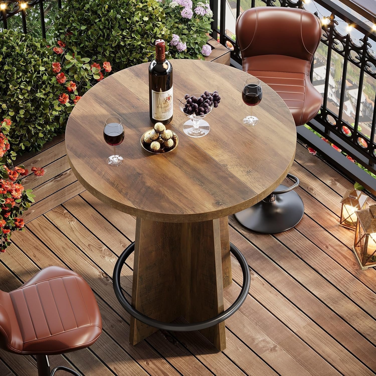 37.4" Bar Table, Wooden Bistro Pub Table with Metal Ring Footrest - Image 5