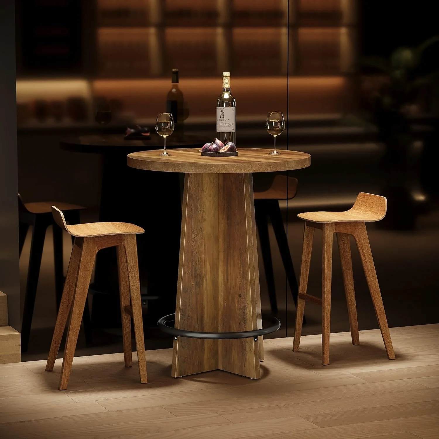 37.4" Bar Table, Wooden Bistro Pub Table with Metal Ring Footrest - Image 6