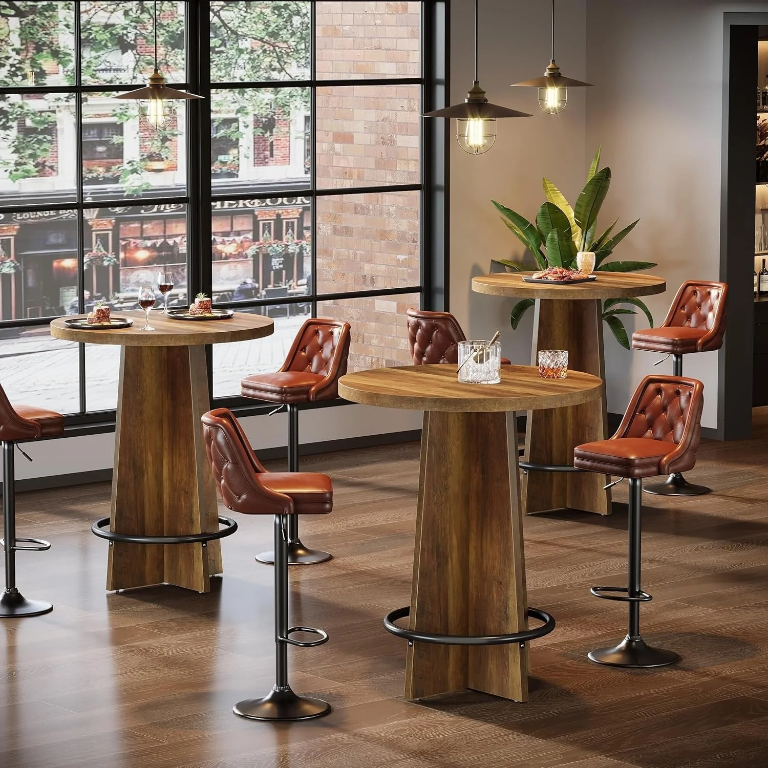 37.4" Bar Table, Wooden Bistro Pub Table with Metal Ring Footrest - Image 7